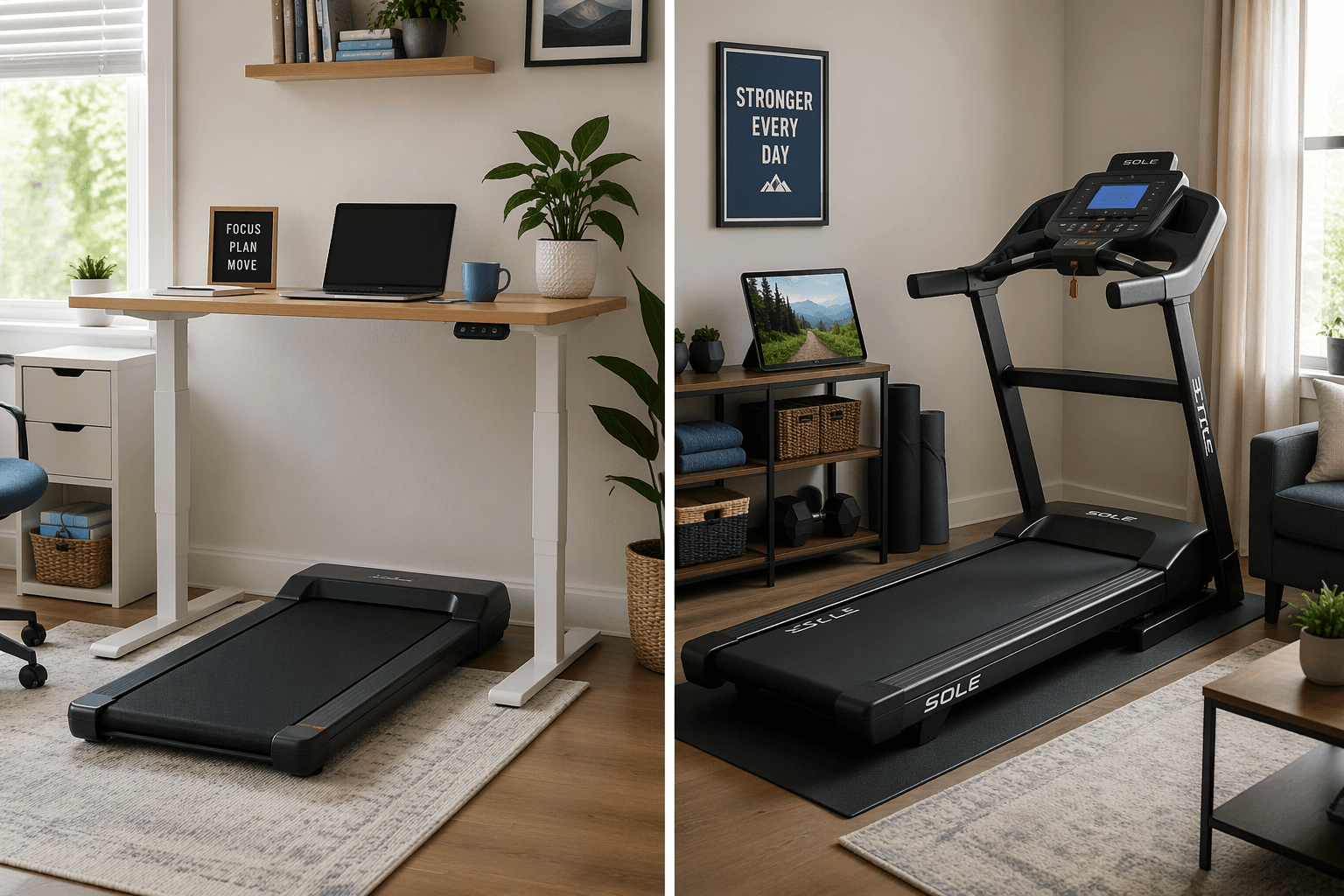 A split-composition home scene. Left side: a compact walking pad placed under a standing desk in a bright home office with a laptop, coffee mug, and plant. Right side: a full-sized folding treadmill in a dedicated living room corner with a tablet on a media rack showing a walking trail. Warm natural lighting, muted blue-gray color palette, no people visible.