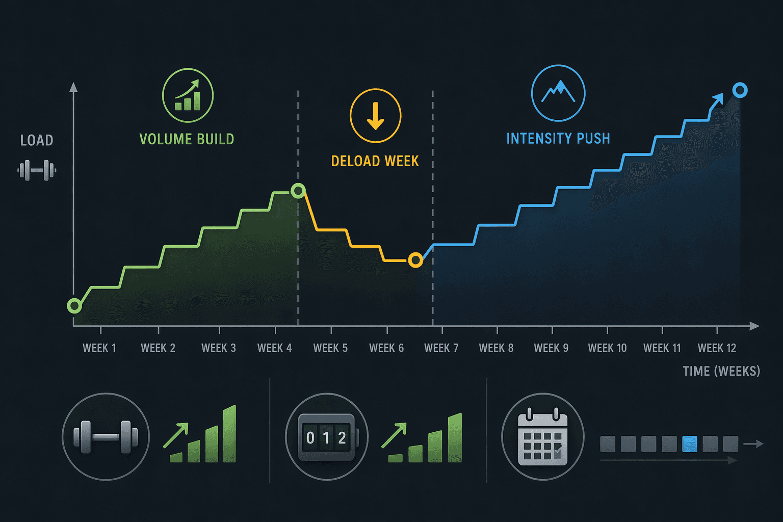 An editorial illustration showing a stepped line graph across several weeks, with a Volume Build phase rising, a small dip labeled Deload Week, and an Intensity Push phase rising further, with icons of a dumbbell, a rep counter, and a calendar along the bottom.