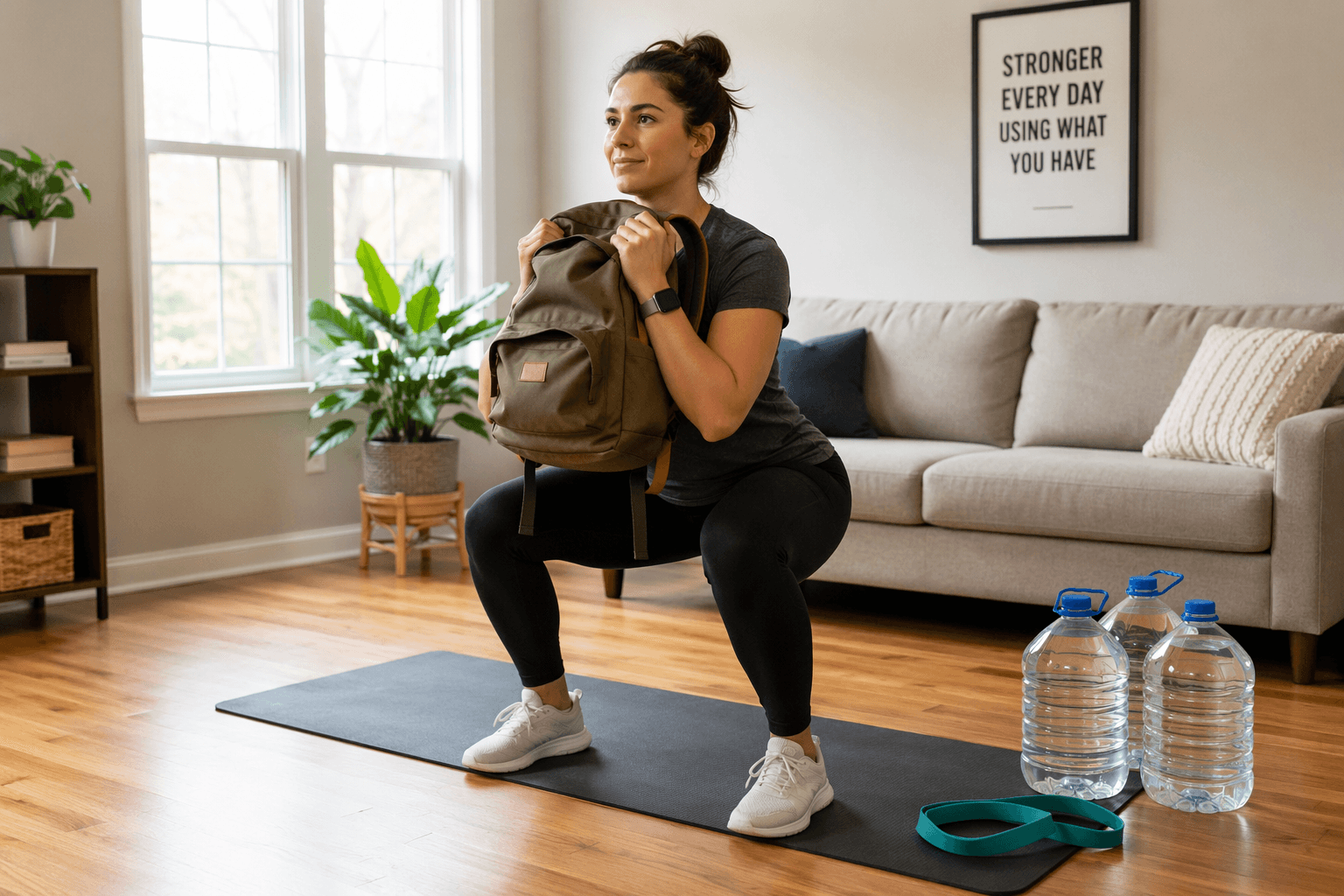 A person on a yoga mat in a bright living room performing a squat while holding a filled backpack against their chest like a goblet squat. Large water jugs and a resistance band rest on the floor beside them. Natural light from a window, wooden floors, casual home setting.