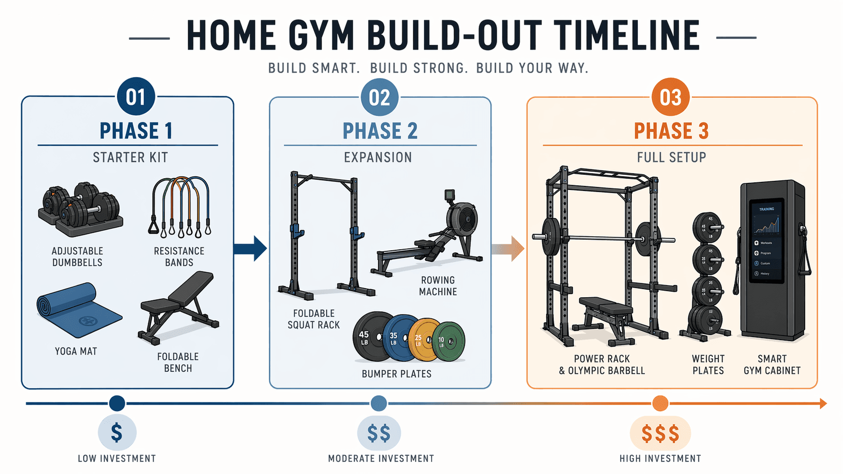Horizontal timeline infographic showing three phases: Starter Kit (adjustable dumbbells, resistance bands, mat, foldable bench), Expansion (folding rack, rowing machine, bumper plates), Full Setup (power rack, barbell, weight plates, smart gym cabinet). Dollar sign indicators below each phase.