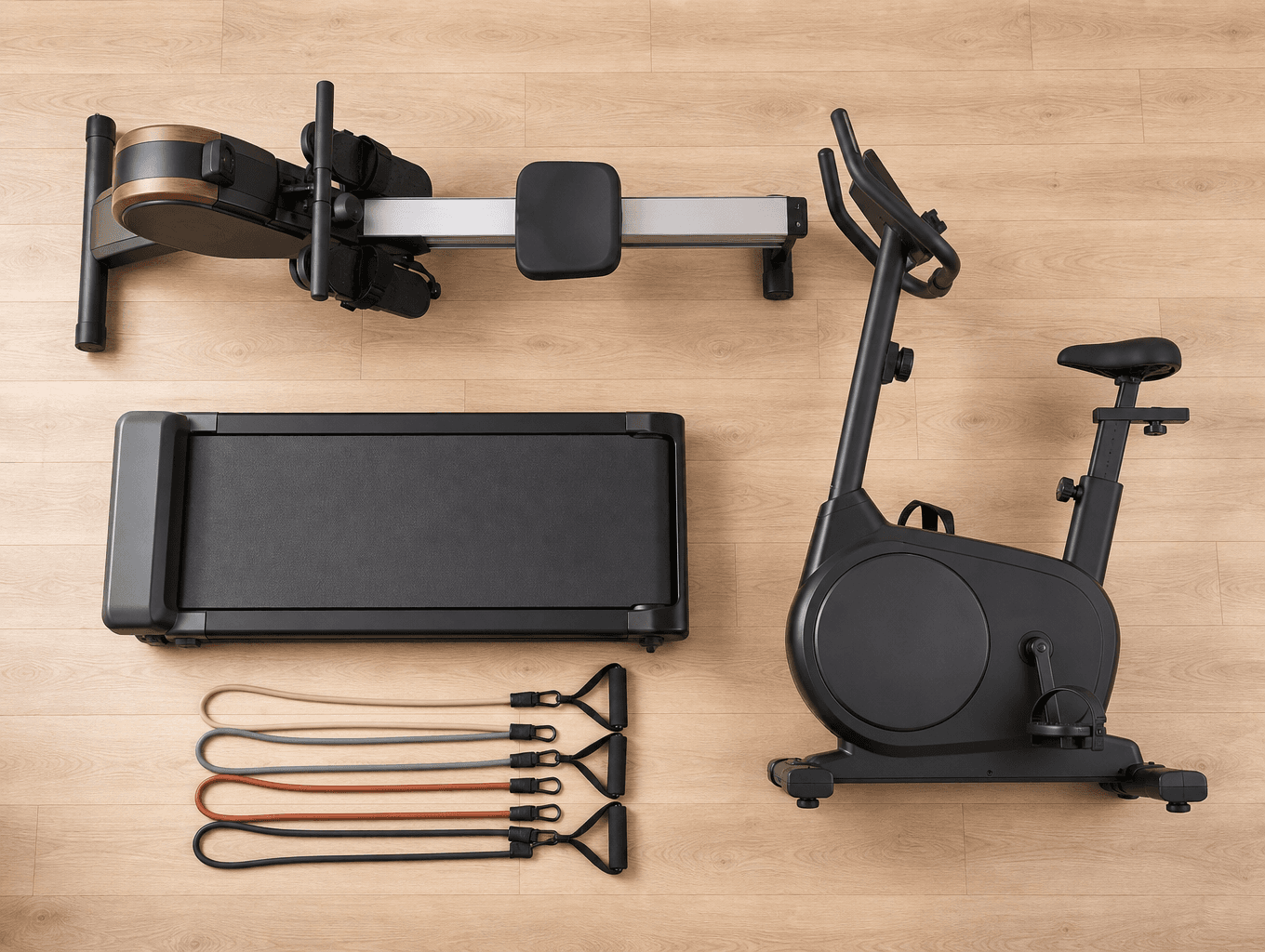 Flat-lay of four compact low-impact equipment types: a rowing machine, an upright stationary bike, a folded walking pad, and resistance bands on a light wood floor.