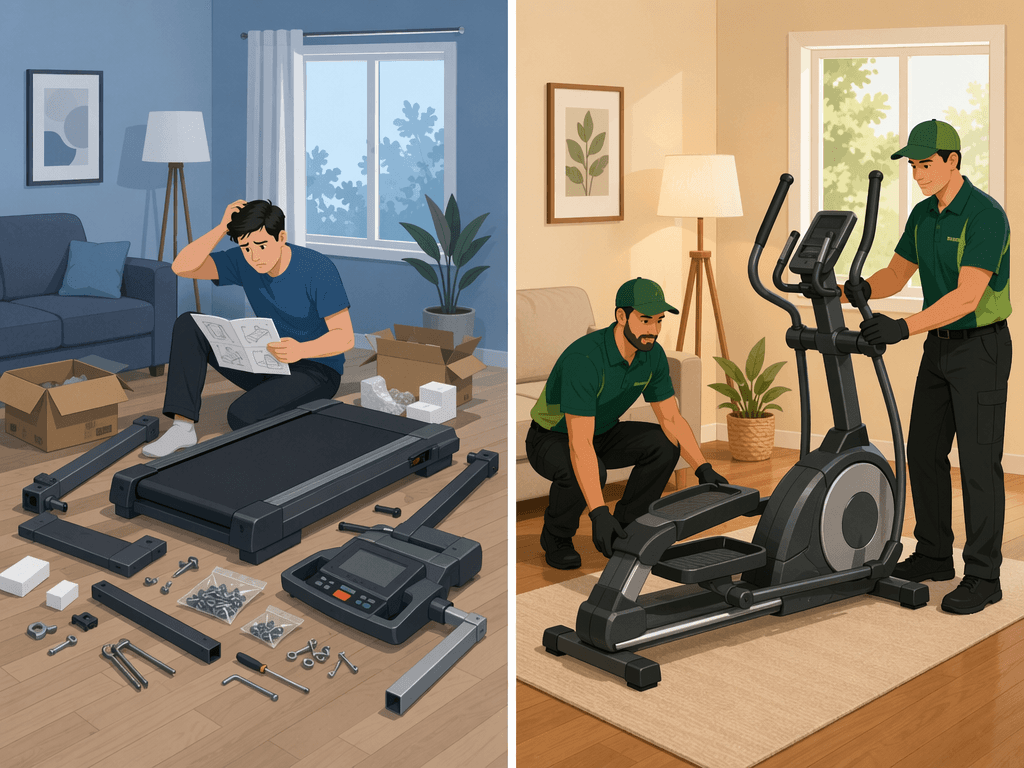 A two-panel comparison illustration showing a person struggling with DIY assembly on the left and professional movers setting up equipment on the right.