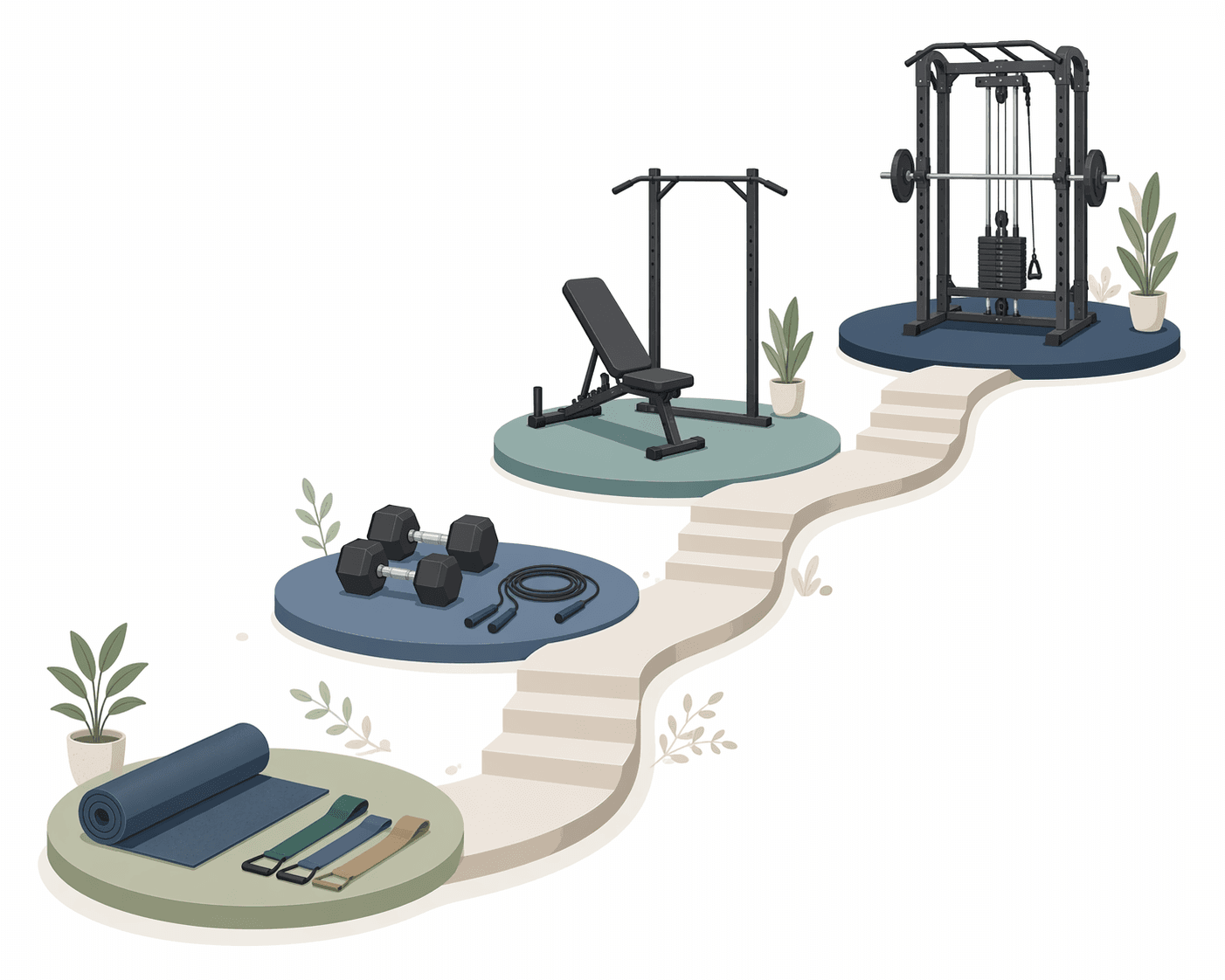 Flat vector illustration of a winding progression path with four equipment clusters: a yoga mat and resistance bands at the bottom left (Phase 0), dumbbells and a jump rope further along (Phase 1), an adjustable bench and pull-up bar (Phase 2), and a compact squat rack at the top right (Phase 3).