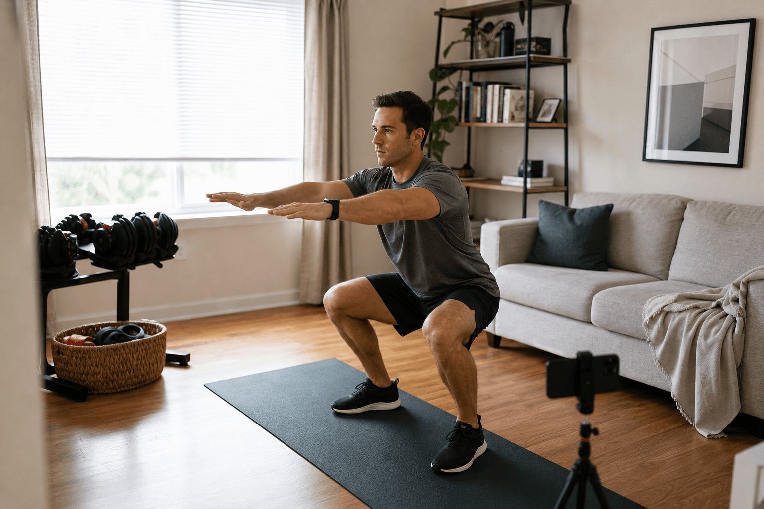 A living room corner with a dark green yoga mat, adjustable dumbbells on a stand, resistance bands in a basket, and a smartphone on a tripod. A person in casual athletic wear squats beside the mat, natural light from a window.