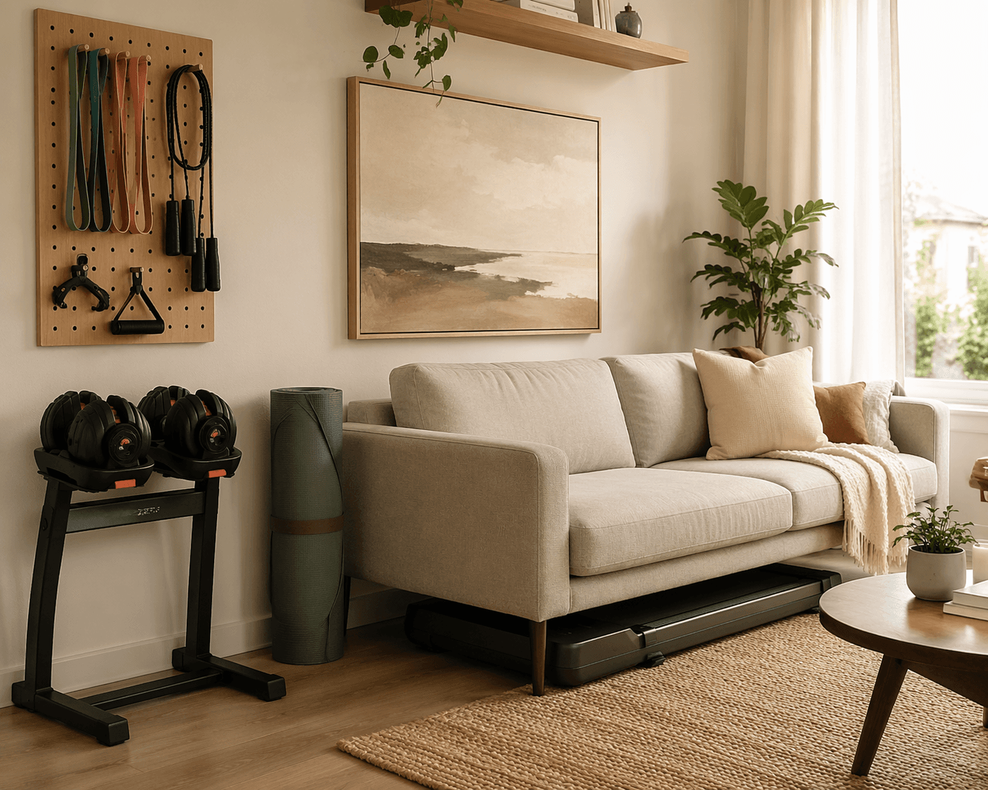 A bright, modern apartment living room corner converted into a compact home gym with adjustable dumbbells on a stand, resistance bands on a wall pegboard, a rolled yoga mat, and a foldable treadmill stored under a low-profile couch, with warm natural light and a clean uncluttered layout.