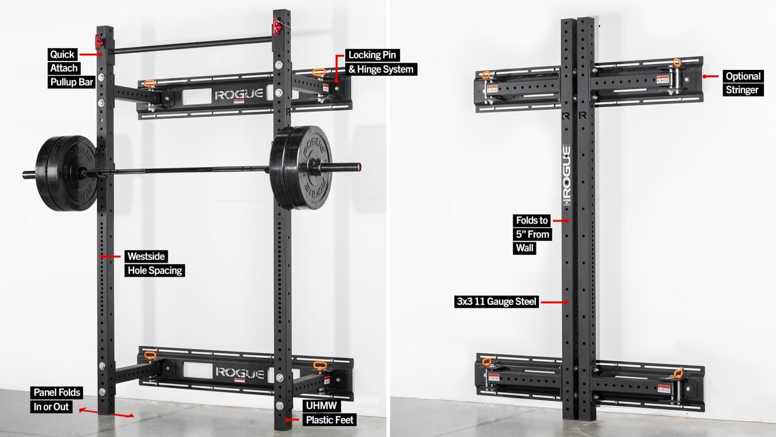 A Rogue RML-3W Fold Back Wall Mount Rack installed in a garage, shown in its extended position with a barbell loaded on J-hooks, safety arms in place, pull-up bar at the top, and wall-mounted brackets securing the rack, demonstrating the space-saving folding rack design against a wall.