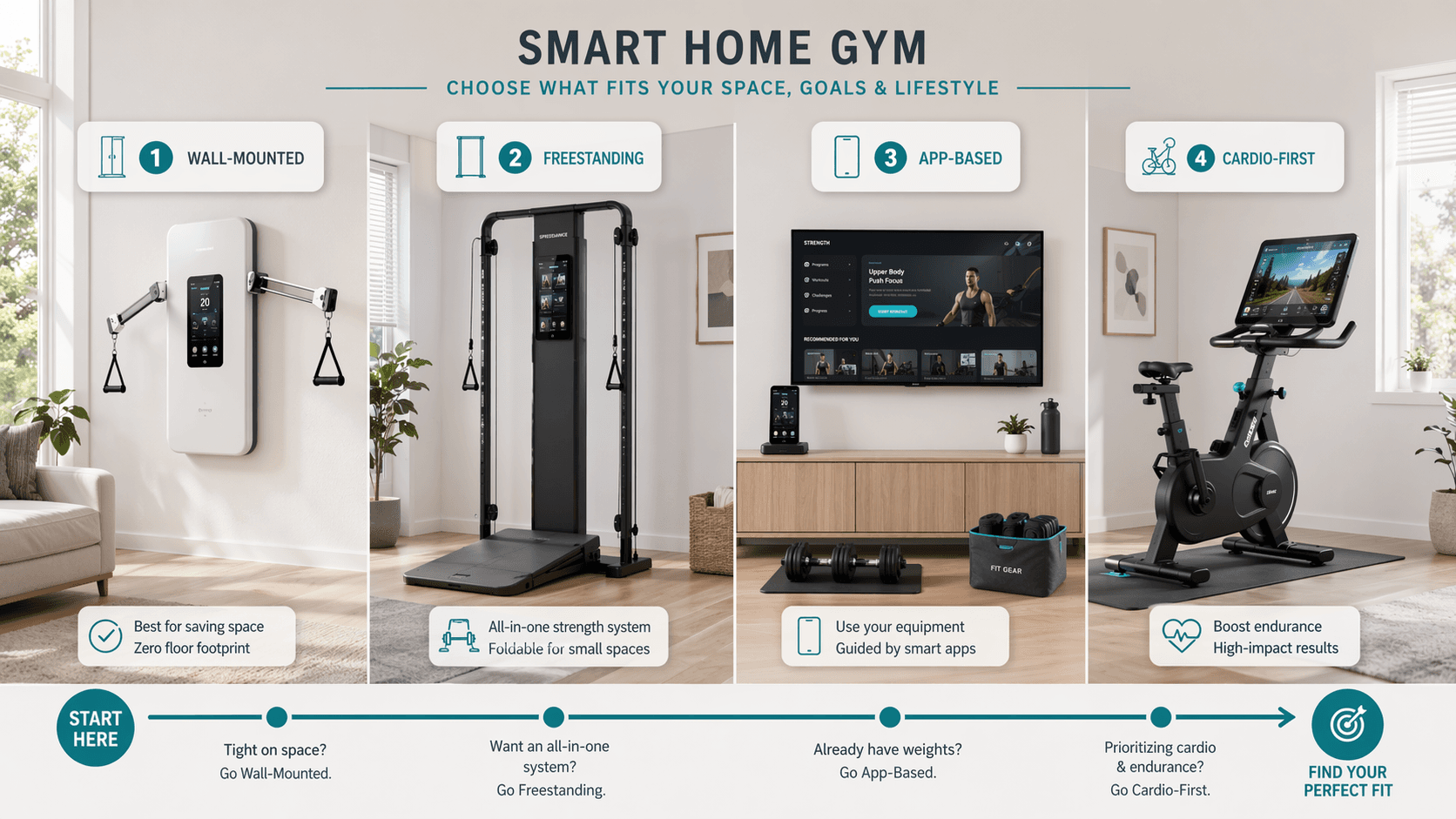 Four smart home gym categories shown side by side: a wall-mounted resistance unit on the left, a freestanding cable system with a foldable platform next to it, an app-based trainer with a phone dock and dumbbells beside a TV, and a cardio-first stationary bike with a screen on the far right. Each section has a teal category label and a subtle arrow path connecting them.