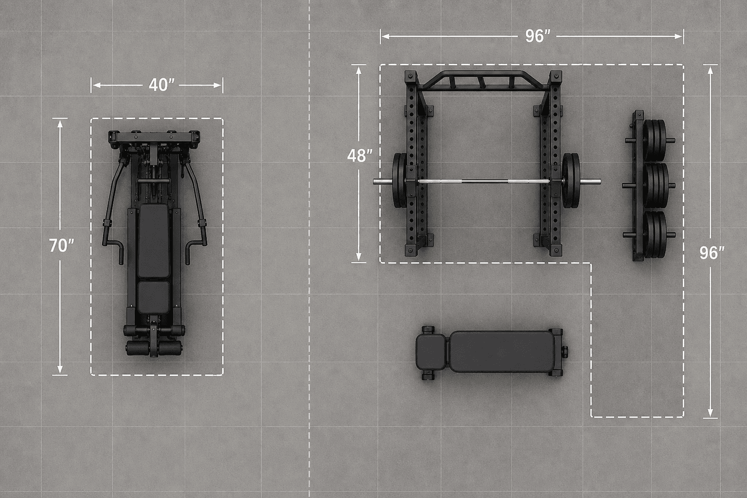 Top-down floor plan comparison showing the compact rectangular footprint of an all-in-one machine against the larger multi-rectangle layout of a power rack, barbell, plate storage, and bench