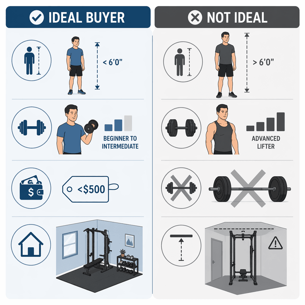 Two-column comparison illustration showing ideal buyer criteria on the left and non-ideal buyer criteria on the right for the Marcy 150lb stack home gym.