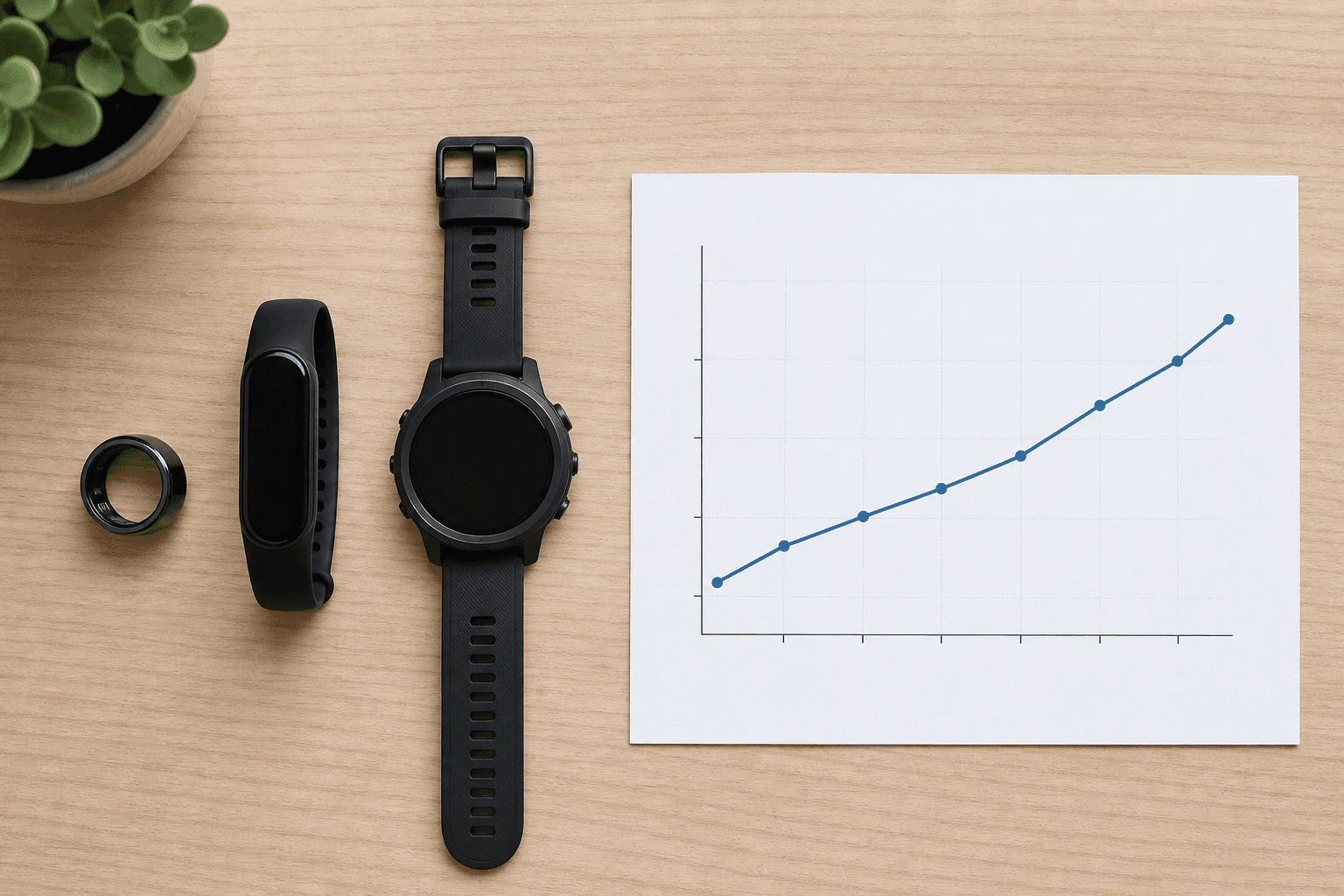Three wearable fitness devices — a ring, a wristband, and a sports watch — laid flat on a wood surface alongside a graph showing an upward-trending HRV line over seven days.