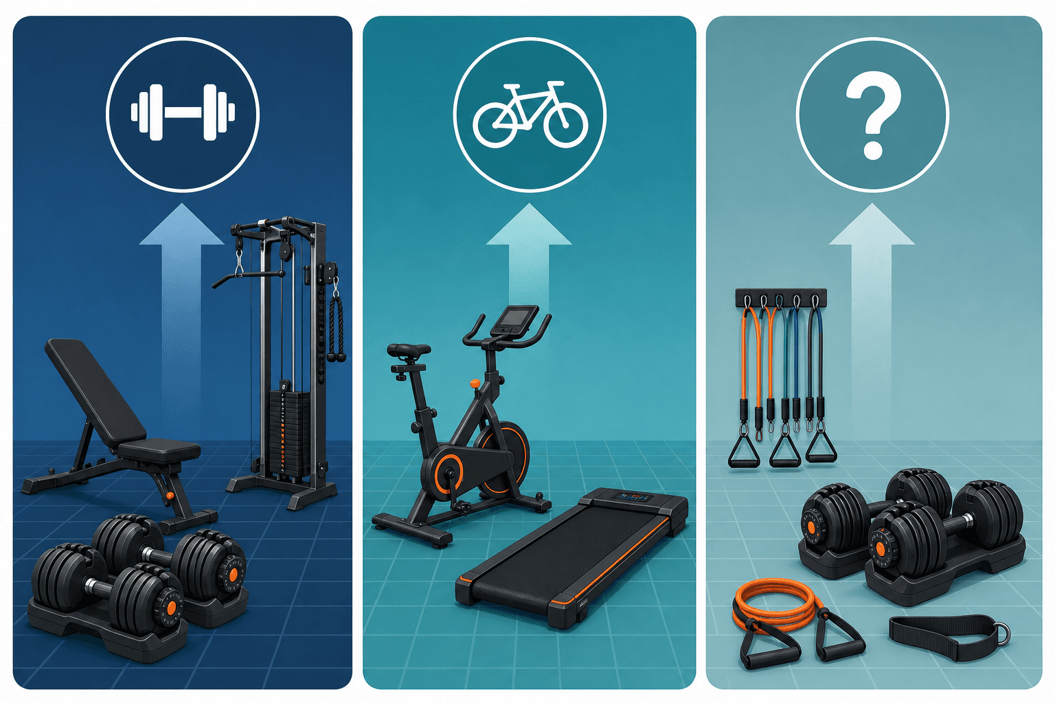 A flat-vector editorial illustration split into three columns: a strength path column showing adjustable dumbbells, bench, and cable tower with a dumbbell icon; a cardio path column showing a stationary bike and walking pad with a cycling icon; and a no-idea path column showing resistance bands and dumbbells with a question mark icon, all on a cool blue grid layout with warm orange highlights.