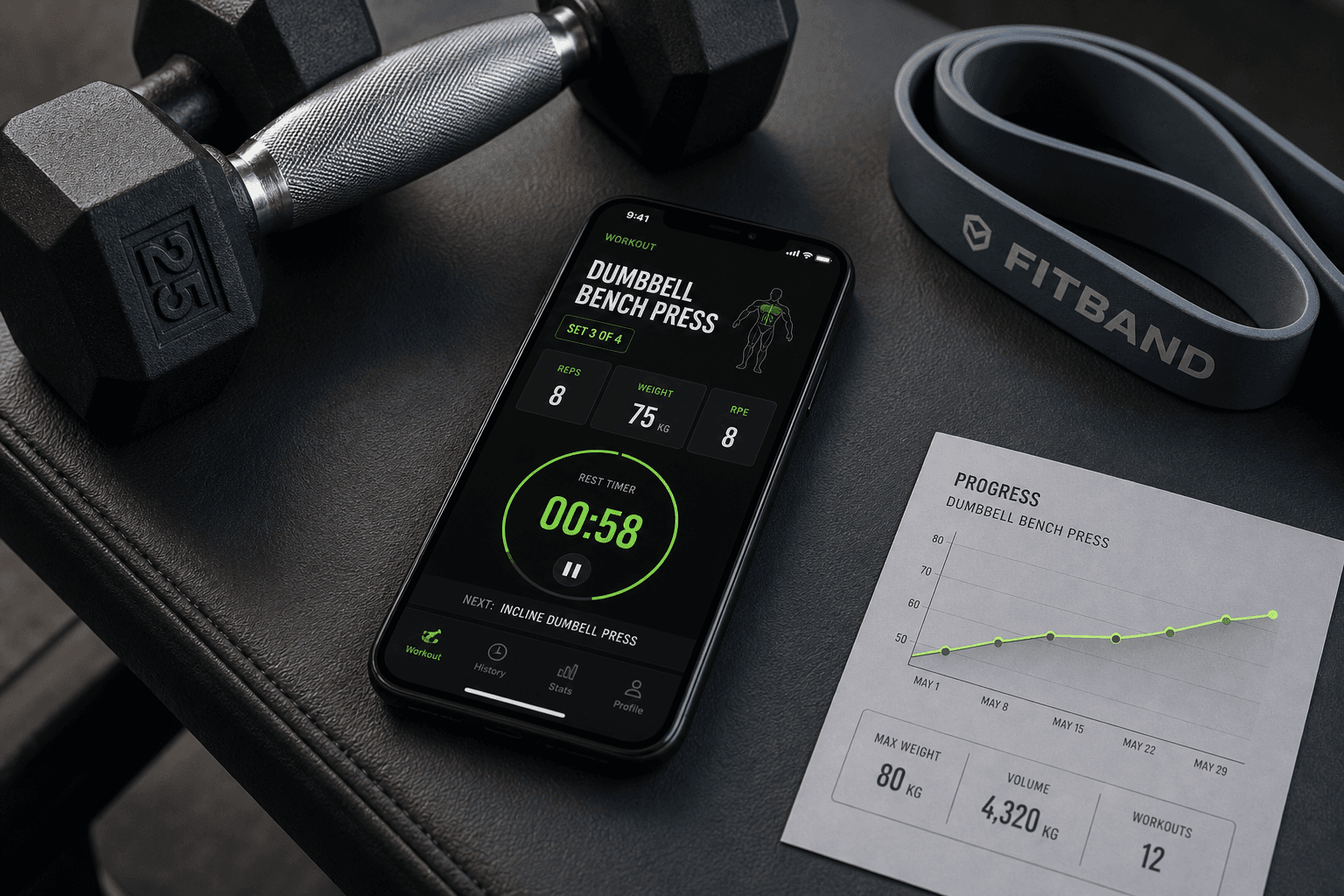 Flat-lay composition showing a smartphone on a gym bench displaying a workout app interface, surrounded by dumbbells and a resistance band.