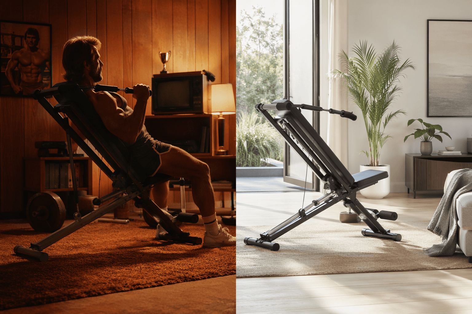 Split composition showing the Total Gym's evolution from 1990s infomercial to a modern home gym setup in a bright living room.