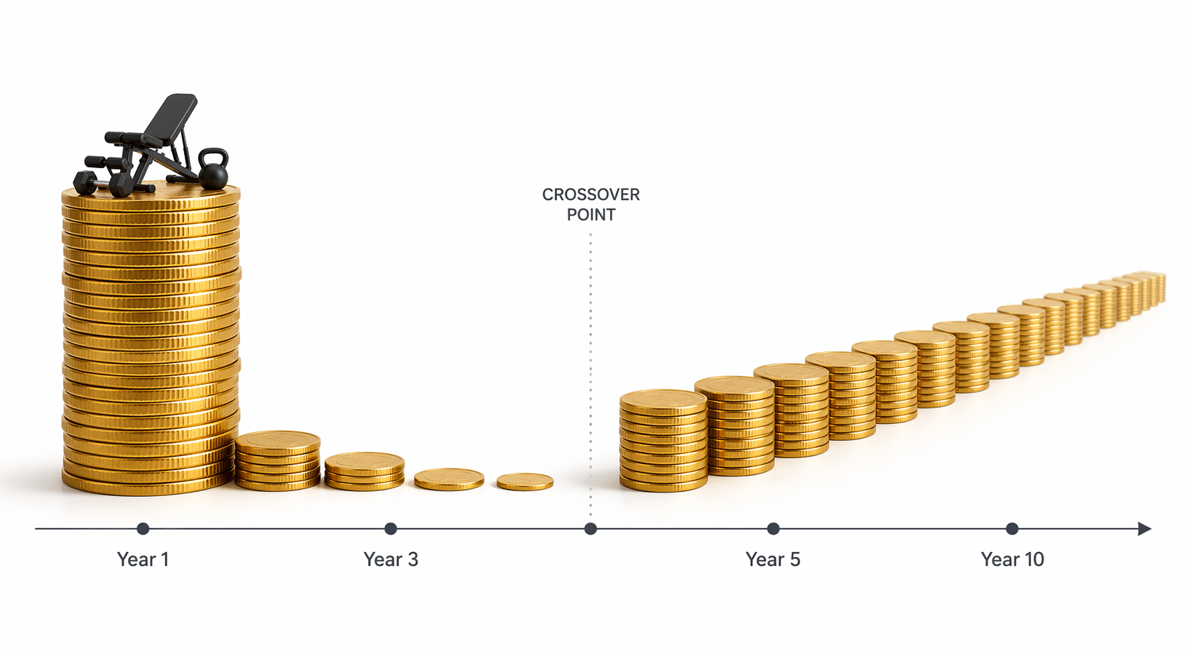 Conceptual illustration comparing a tall upfront coin stack for home gym against steady monthly coin stacks for gym membership, with a dotted crossover line at Year 3.