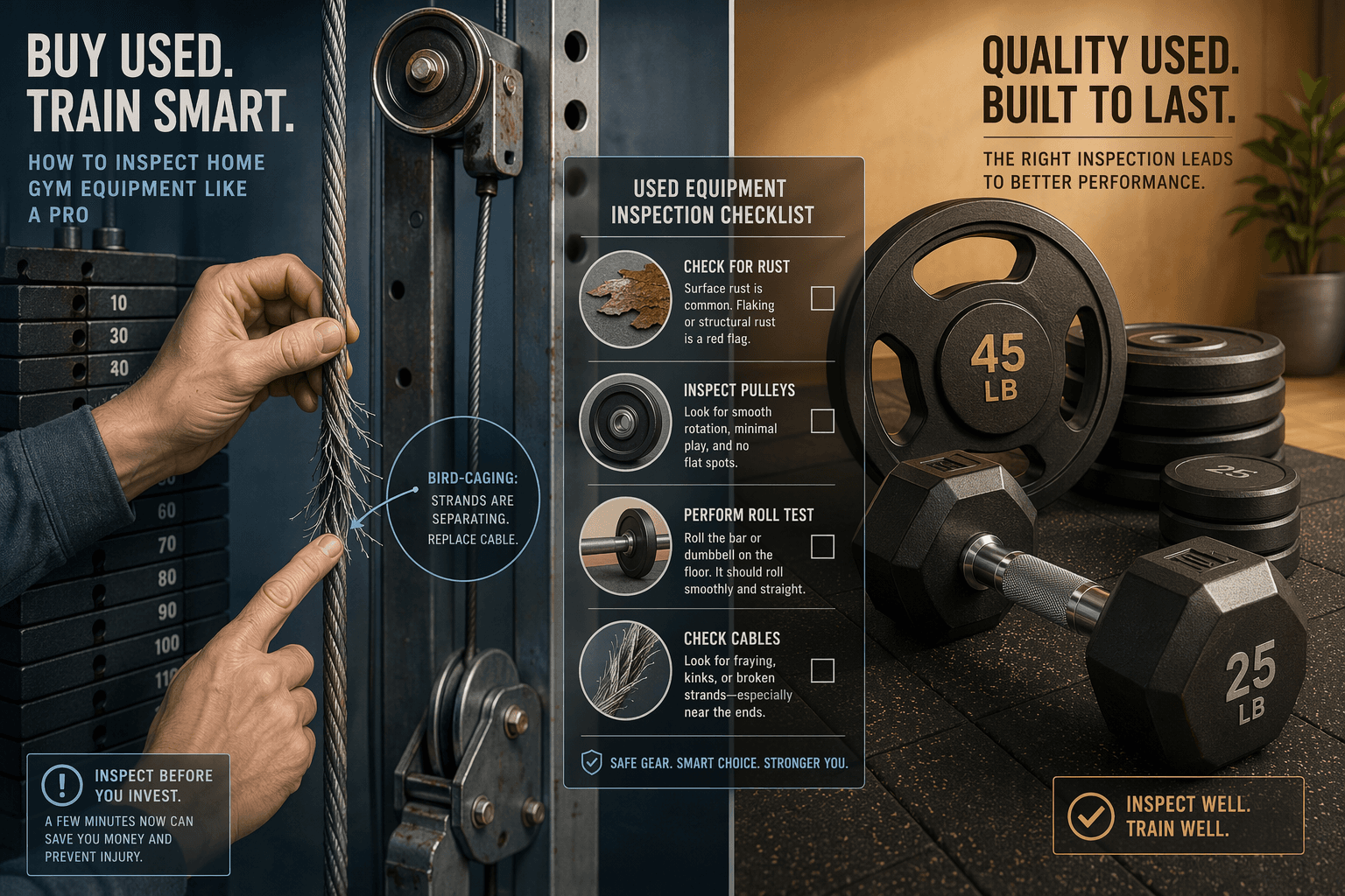 Split-composition illustration. Left side: hands inspecting frayed cable on a gray weight stack machine, finger pointing at bird-caging strands. Right side: clean amber-lit dumbbell and plate set on a black rubber mat. Overlay shows checklist icons: rust flake, pulley, barbell roll test, cable fray.