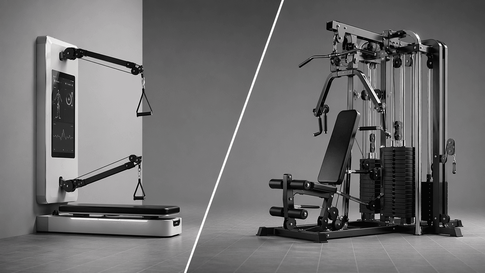 A diagonally split editorial scene showing a sleek wall-mounted smart home gym with screen on the left and a substantial traditional weight-stack machine with visible plates and cables on the right.