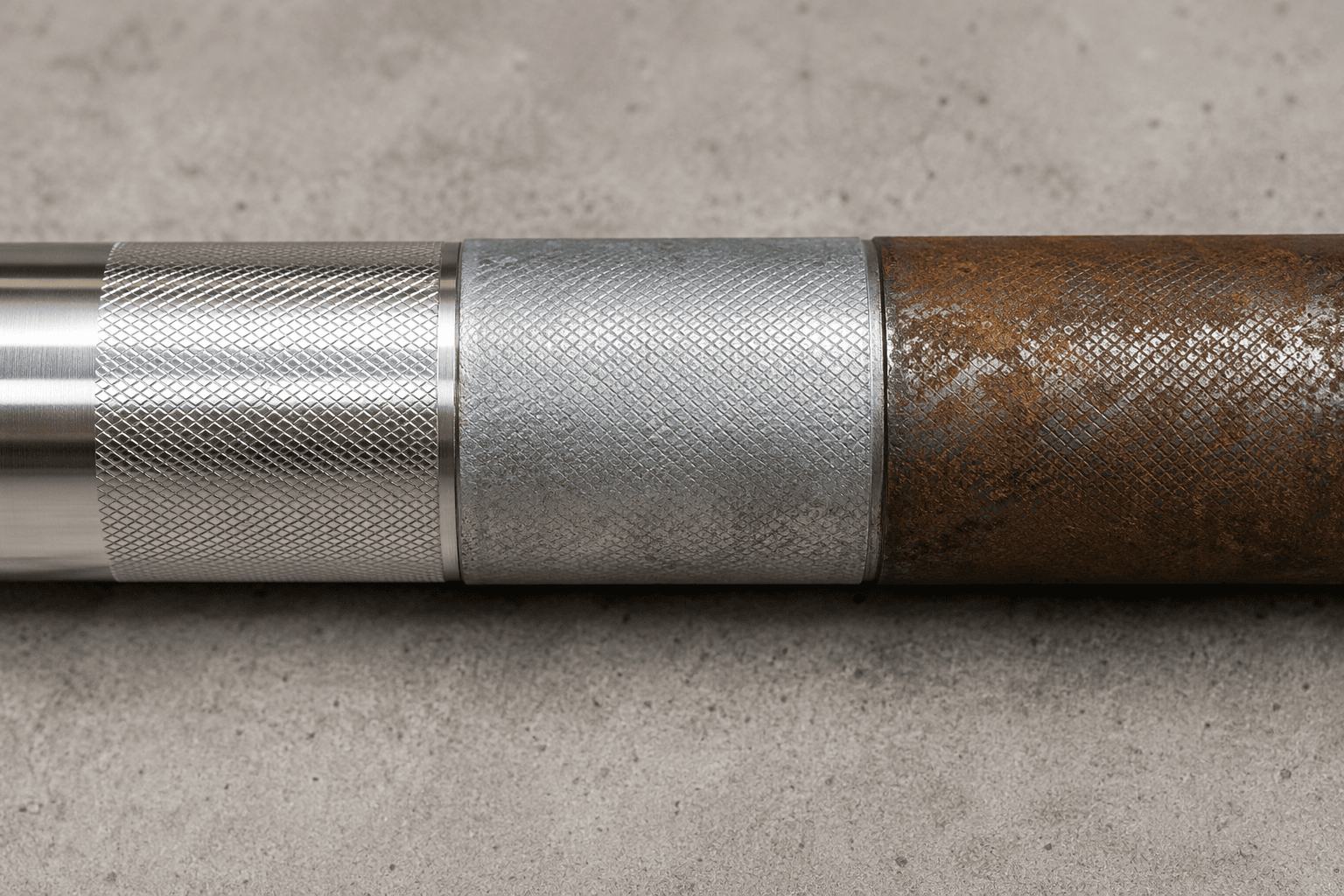 Three Olympic barbell shaft finishes side by side: polished stainless steel with no rust, matte gray zinc-coated with minor wear, and bare steel with visible orange rust patches.