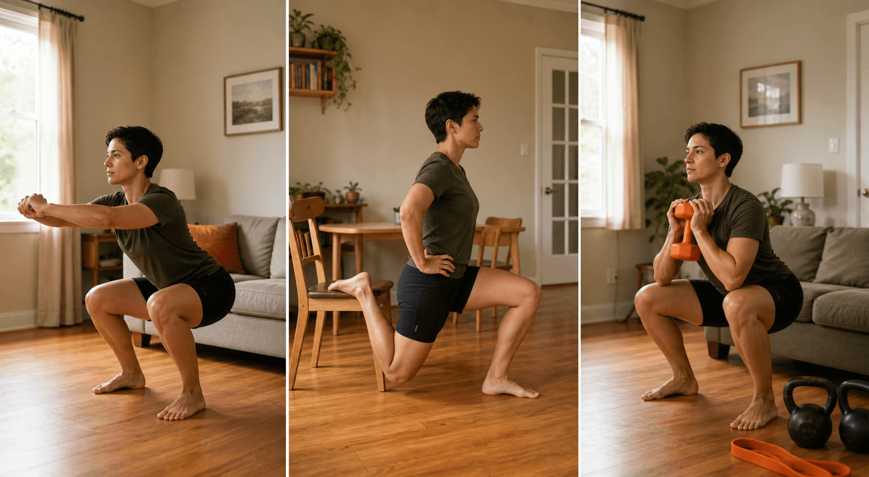 Three-panel progressive scene showing a person doing a basic bodyweight squat in a living room, then a Bulgarian split squat using a dining chair, then a goblet squat with dumbbells and a resistance band on the floor.