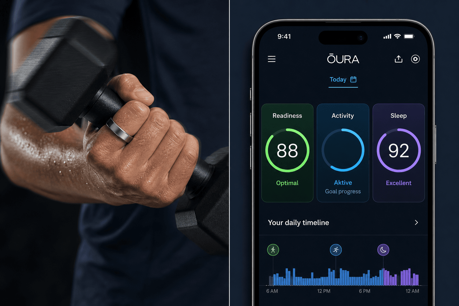 Split-scene composition: left side shows a hand wearing a silver Oura Ring 5 gripping a dumbbell with motion blur; right side shows a phone displaying Oura app with Readiness 88, Activity, and Sleep 92 score cards.