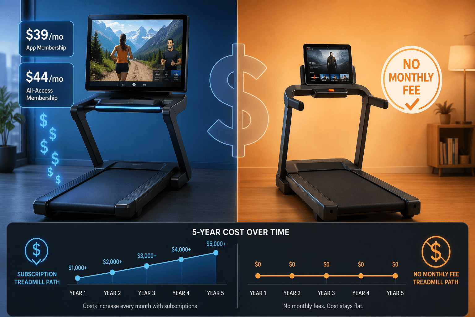 Split-screen illustration: left side shows a connected treadmill with large touchscreen, subscription price tags and cascading dollar symbols; right side shows a simpler treadmill with a tablet holder displaying a Netflix-style screen and a 'No Monthly Fee' badge. A transparent dollar sign separates the two sides. A 5-year timeline at the bottom shows costs rising on the left and flat on the right.