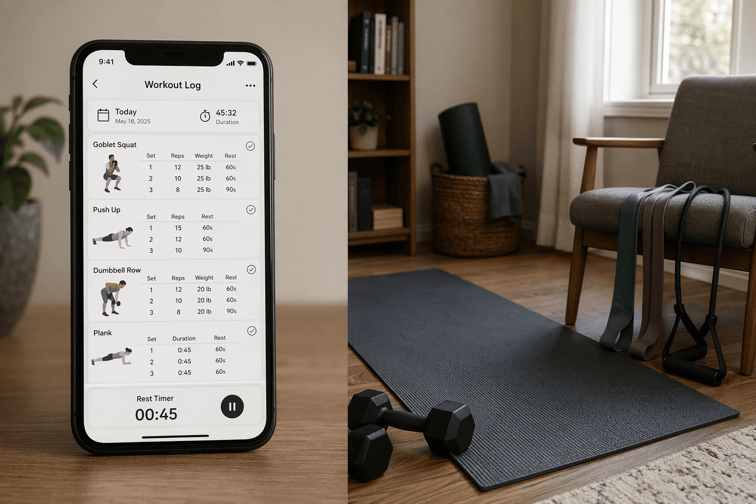 A split-composition editorial image showing a smartphone on the left with a workout log interface and a real home workout corner with a yoga mat, dumbbells, and resistance bands on the right.