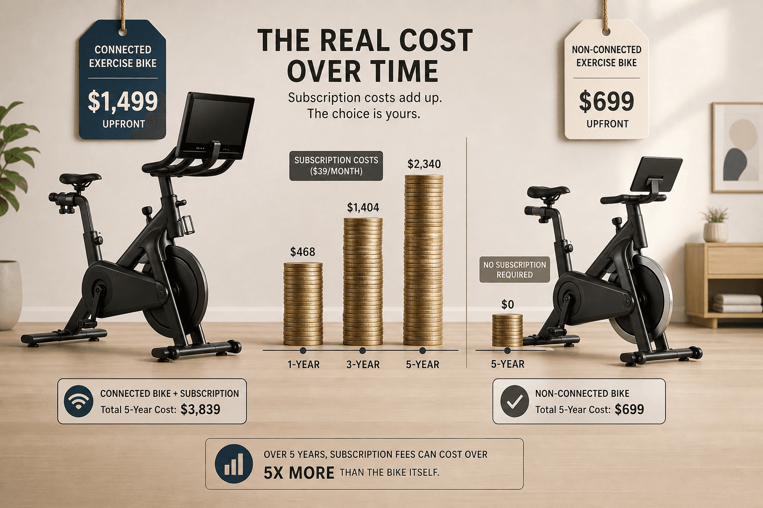 Flat-lay comparison of a connected exercise bike with a growing coin stack representing subscription fees at 1, 3, and 5 years, next to a non-connected bike with a tablet holder and a much smaller coin stack.