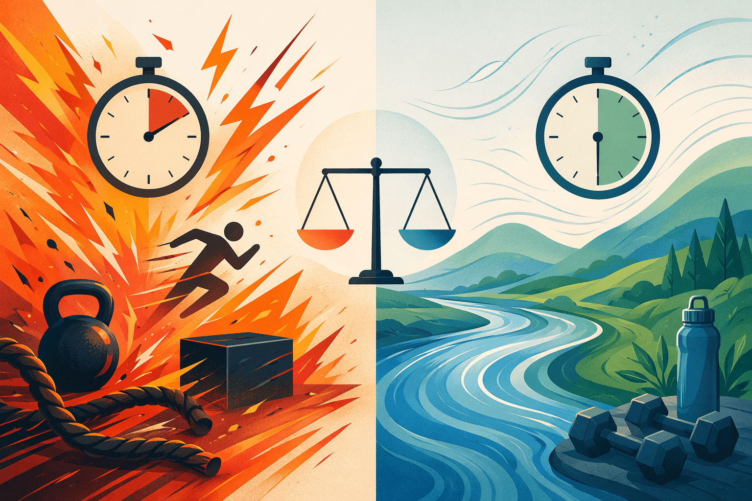 A split-comparison editorial illustration contrasting two workout approaches: left side shows abstract explosive energy bursts in warm orange and red tones with motion lines suggesting short intense intervals, right side shows a calm flowing river in cool blue and green tones suggesting sustained moderate effort, with a small balance scale between them.
