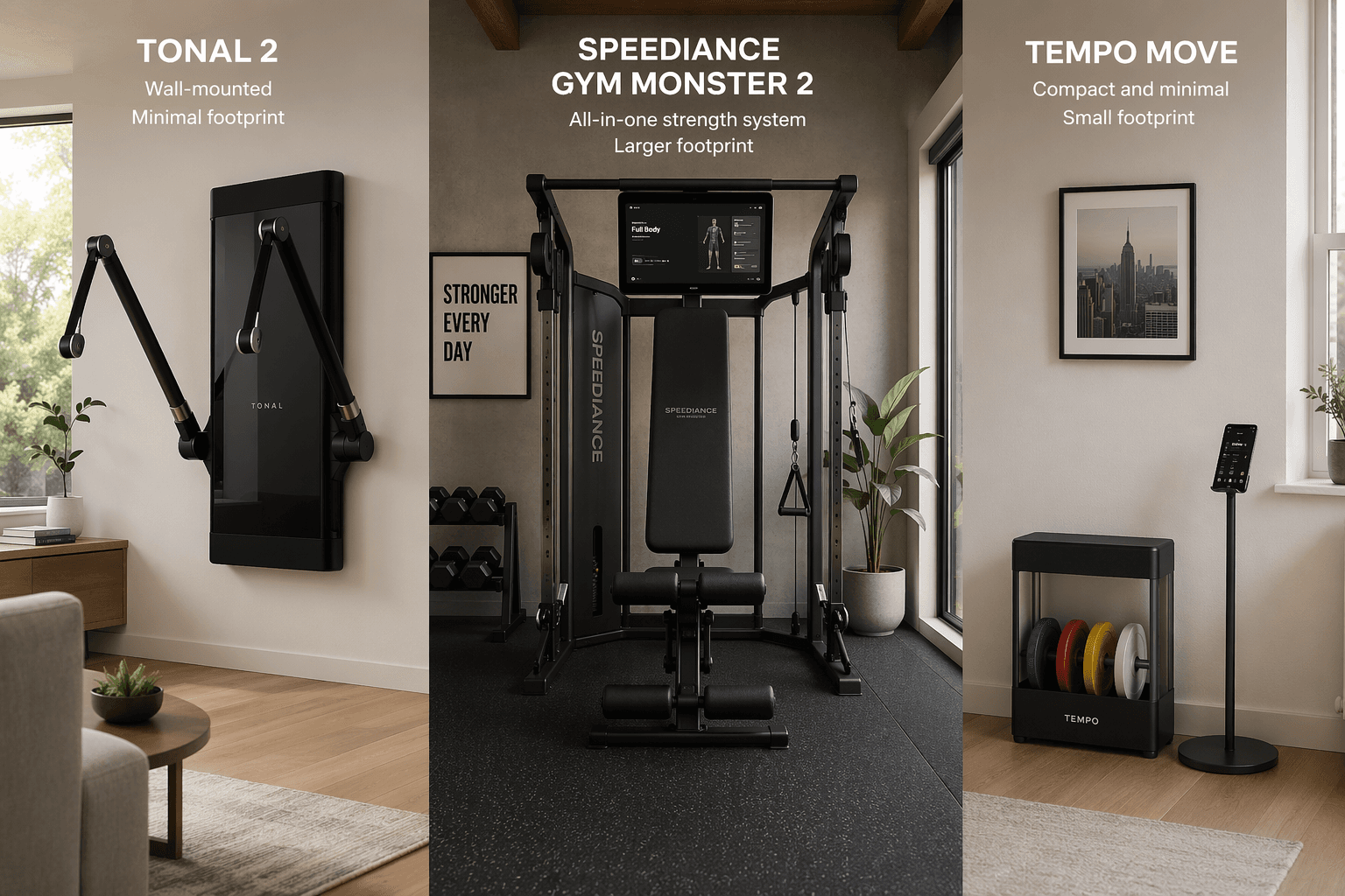 Three smart home gym systems arranged left to right in realistic home interiors showing relative footprint sizes: Tonal 2 wall-mounted in a living room, Speediance Gym Monster 2 freestanding in a home gym corner, and Tempo Move compact setup in a small apartment corner.