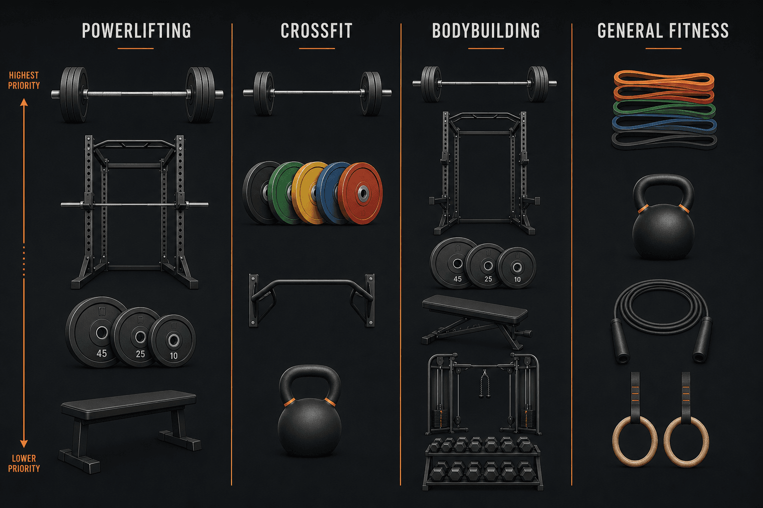 Infographic with four vertical columns labeled Powerlifting, CrossFit, Bodybuilding, and General Fitness, each stacking equipment icons by priority from top to bottom.
