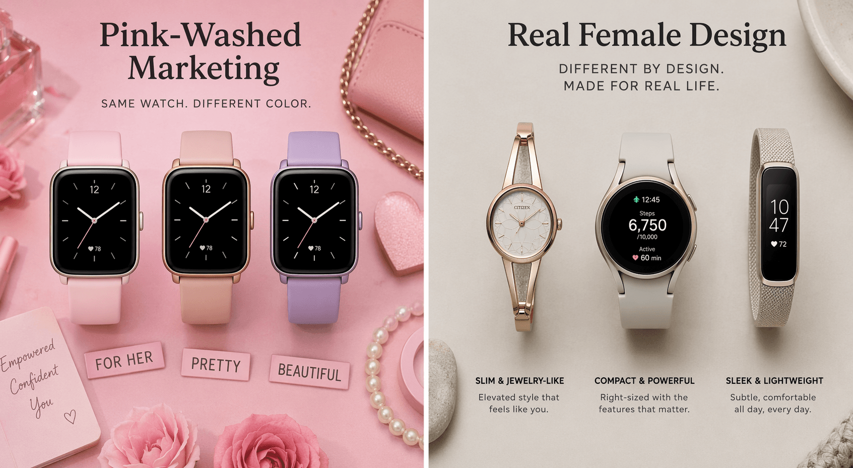 Split-screen comparison showing pink-washed marketing on the left versus real female design on the right.