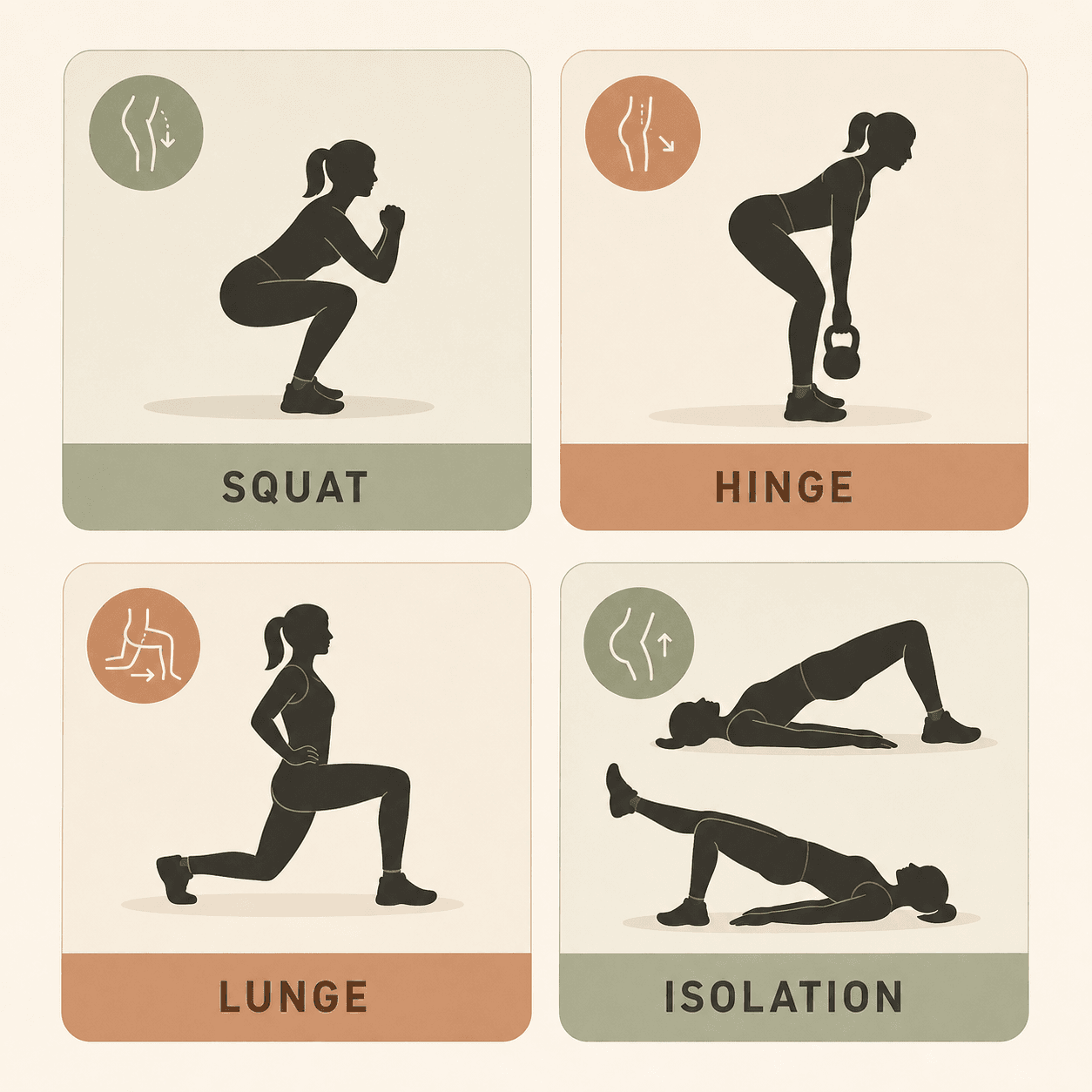 A flat-lay editorial grid showing four lower-body movement pattern icons: squat, hinge, lunge, and isolation.