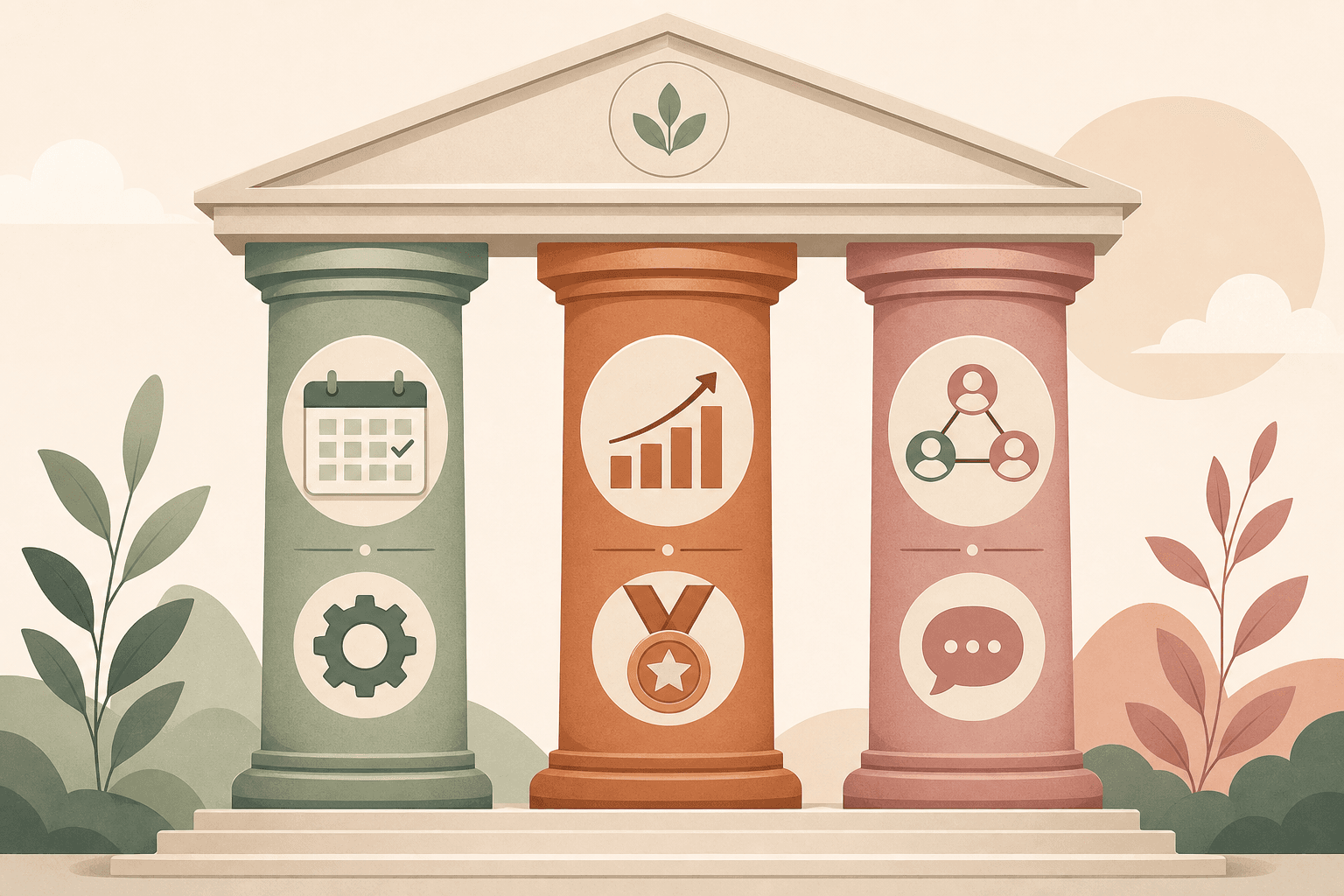 Three interconnected pillars with conceptual icons below each: a calendar and gear symbol for autonomy, a progress graph and medal for competence, and linked circles with a speech bubble for relatedness, all supporting a roof structure above. Clean flat illustration in sage green, terracotta, and dusty rose tones.