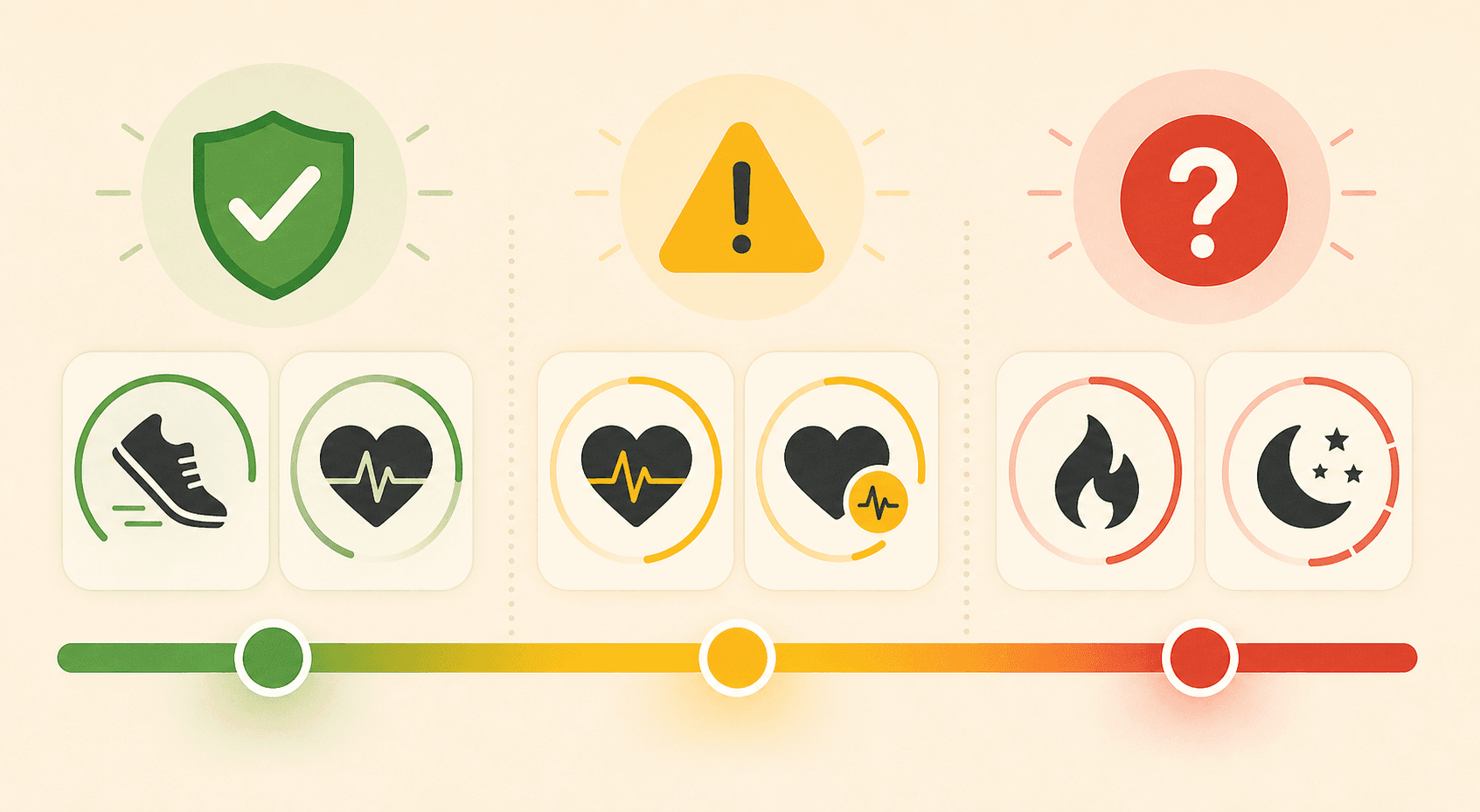 Editorial infographic showing wearable tracker metrics arranged on a reliability spectrum from high (step count, resting heart rate) to moderate (HRV, arrhythmia detection) to low (calorie burn, sleep staging).