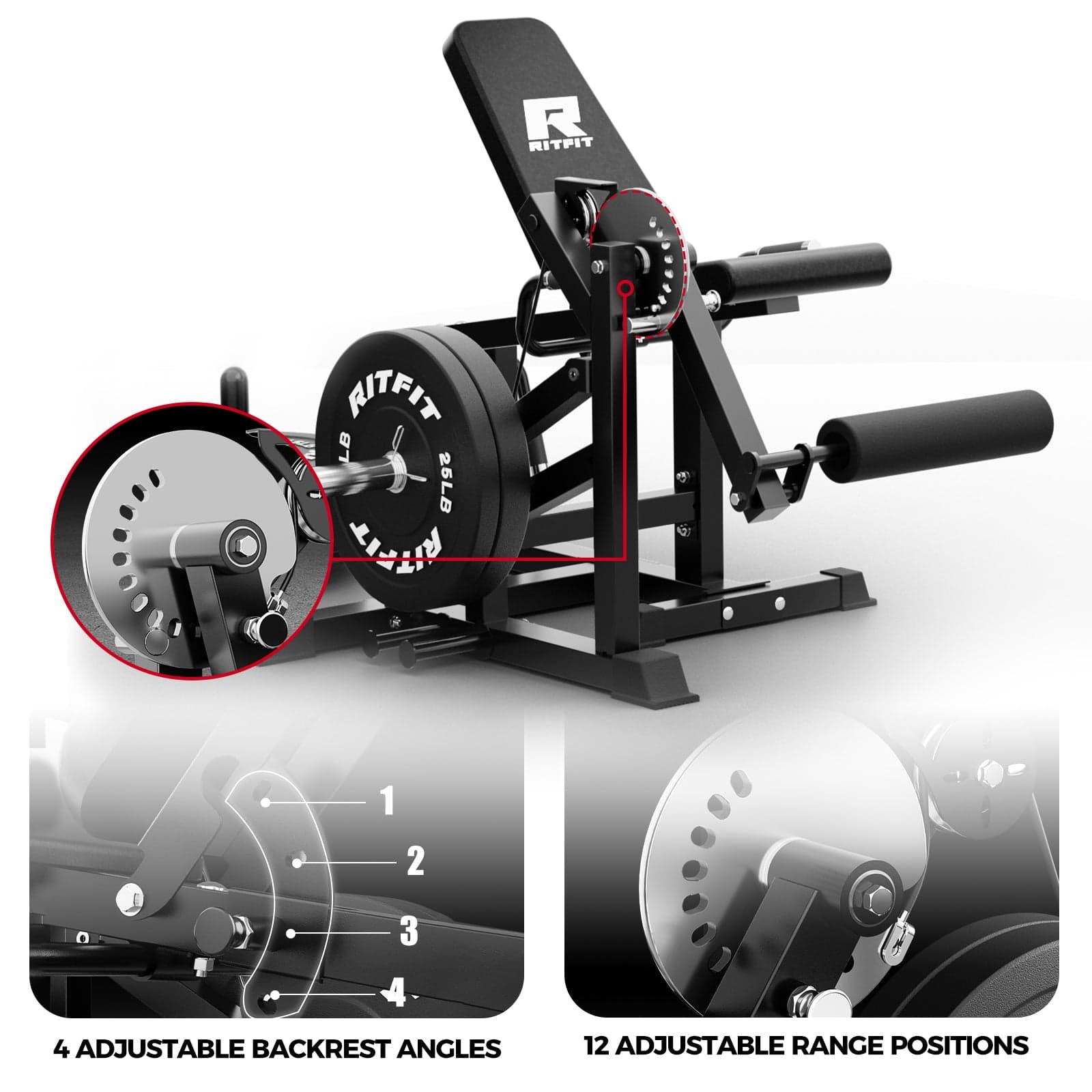 RitFit PLC01 leg extension and curl machine in black with red upholstery, shown from a front angle with adjustable padded arm, foot rollers, and weight horn visible on the compact frame.