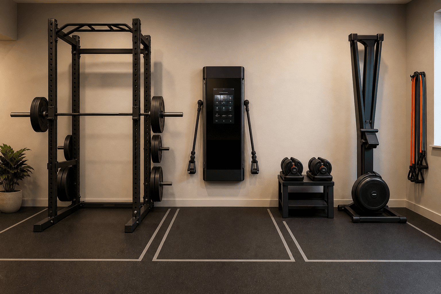 Low-angle shot of a home gym with three equipment zones: power rack, wall-mounted smart gym, and compact essentials with floor tape marks showing footprints.