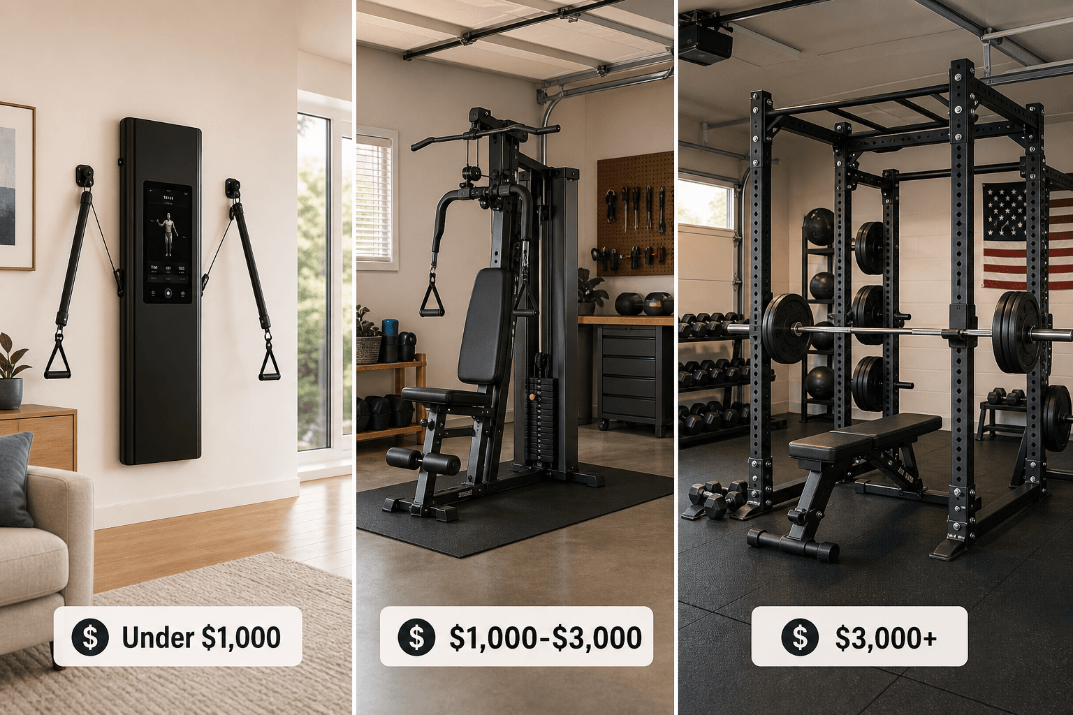 Three home gym setups arranged left to right in increasing size: a slim wall-mounted smart gym, a compact all-in-one multi-station gym, and a spacious modular power rack setup, each with a price badge label beneath.