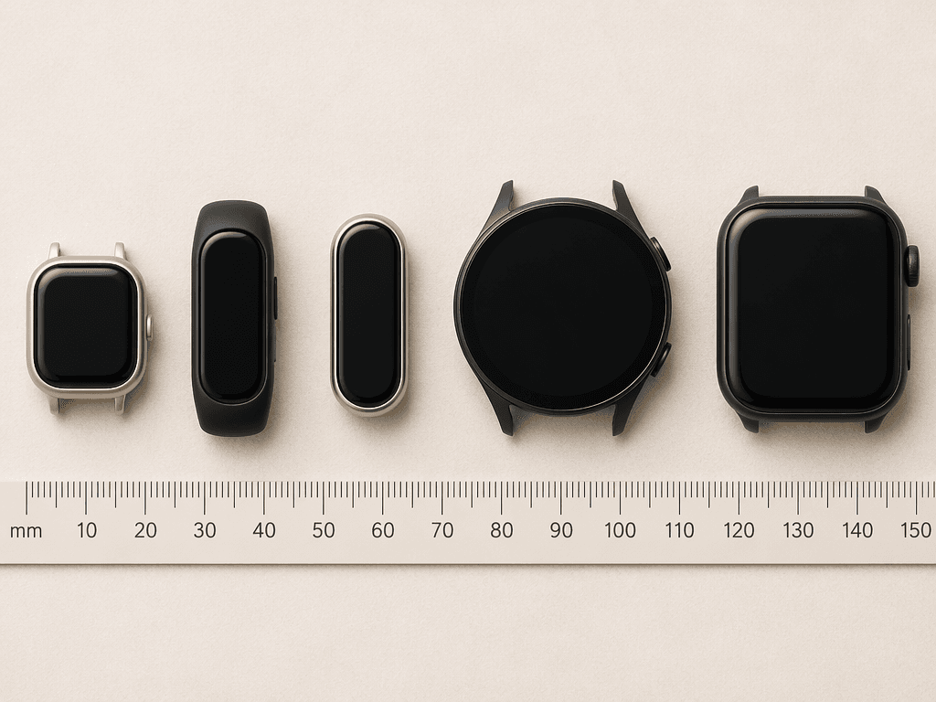 A side-by-side editorial illustration showing five fitness tracker case silhouettes arranged from smallest to largest on a neutral background, with a small ruler beneath them for scale reference.