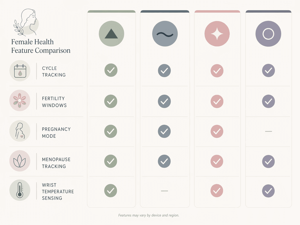 Feature comparison grid with four columns representing Garmin, Fitbit, Apple, and Oura, and rows showing female health features with checkmark icons.
