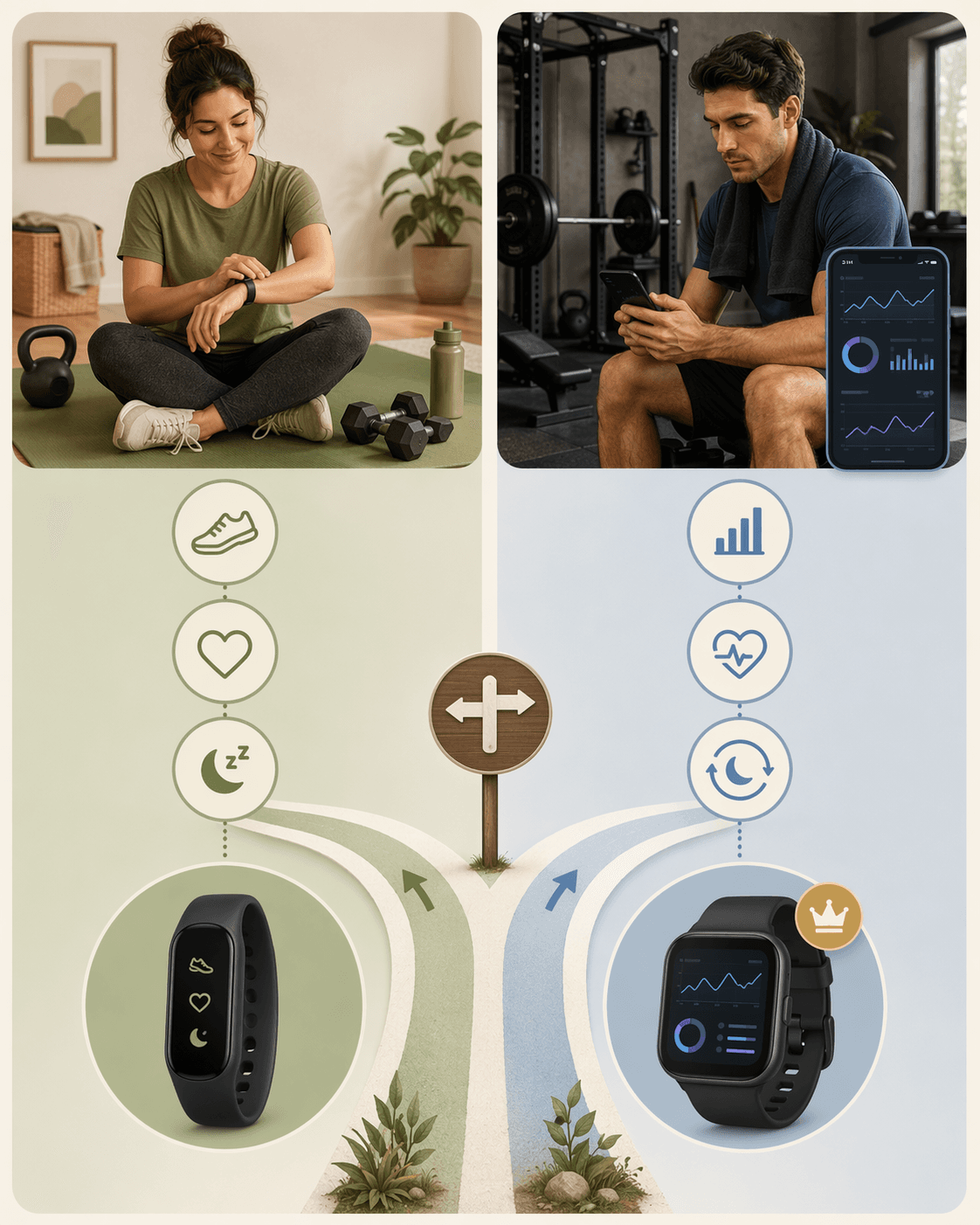 A two-column editorial decision framework visual showing a fork between two user paths: left side depicts a casual home exerciser heading toward a simple tracker, right side depicts a focused athlete reviewing recovery data on a phone in a home gym heading toward a premium subscription tracker.