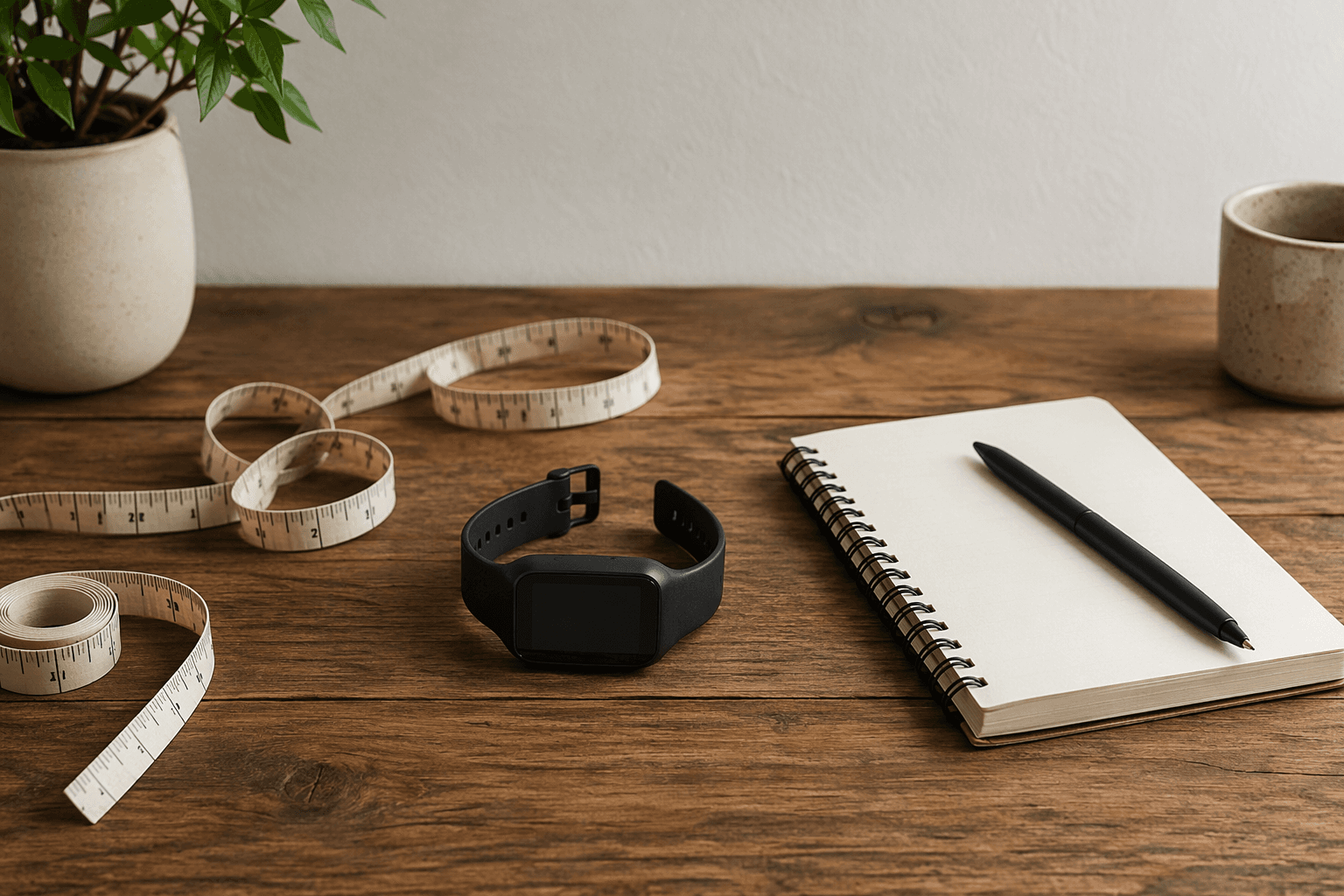 Flat-lay on a wooden table of a cloth tape measure, a fitness watch, and an open notebook with a pen, in warm daylight.