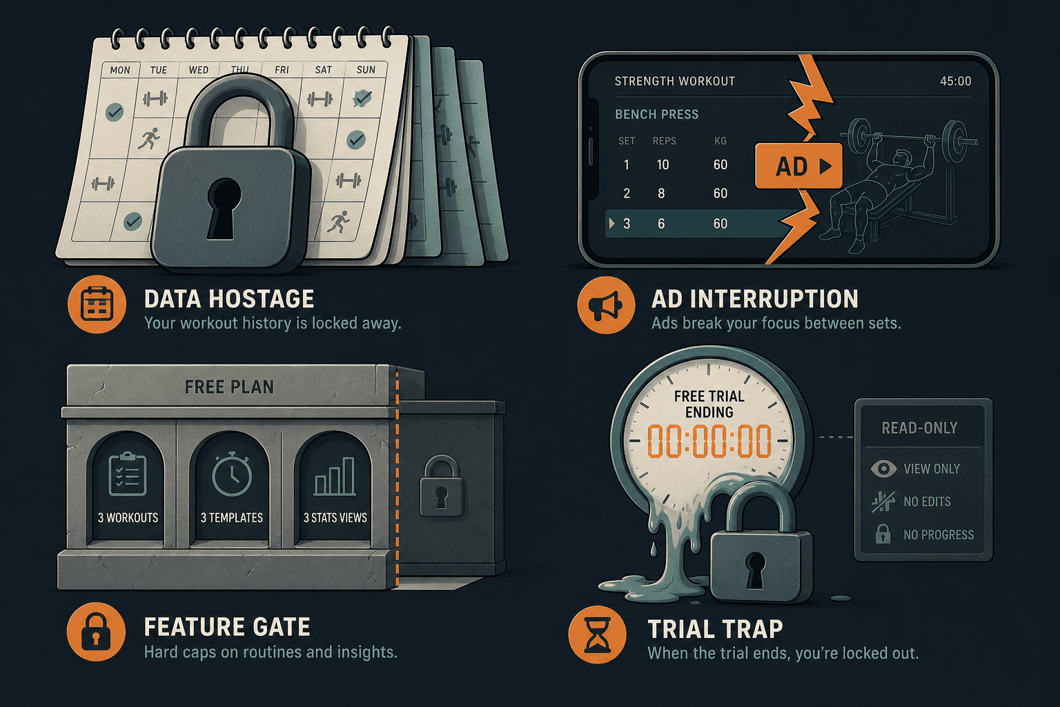 Editorial 2x2 grid illustration on a dark slate background showing four distinct lock mechanisms: a padlock with calendar pages for data hostage, a smartphone with jagged interruption arrows for ad interruption, a tiered wall with three slots and a cut-off for feature gate, and a melting countdown clock turning into a padlock for trial trap