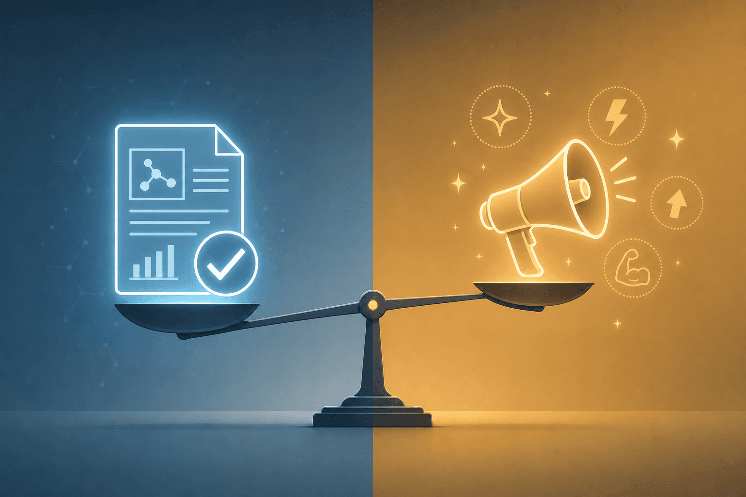A split editorial illustration showing a glowing research paper icon with a checkmark on the left (science/evidence side) and a megaphone icon with empty sparkle claims on the right (marketing hype side), with a balanced scale between them tipping slightly toward the science side.