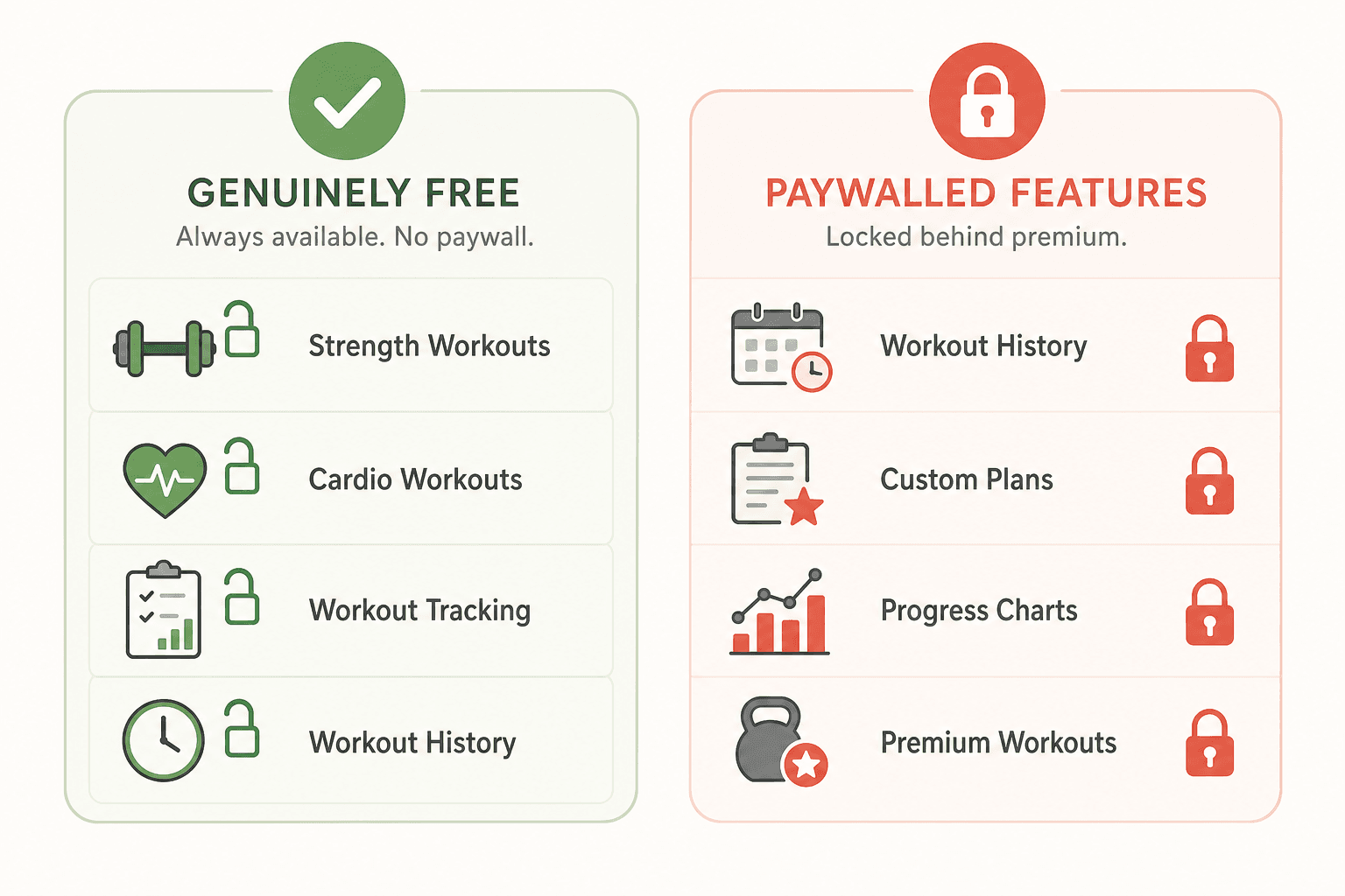 Two-column illustration contrasting genuinely free app features with locked freemium features — free side shows open access to workouts, tracking, and history; freemium side shows locked progress charts, custom plans, and premium workouts.