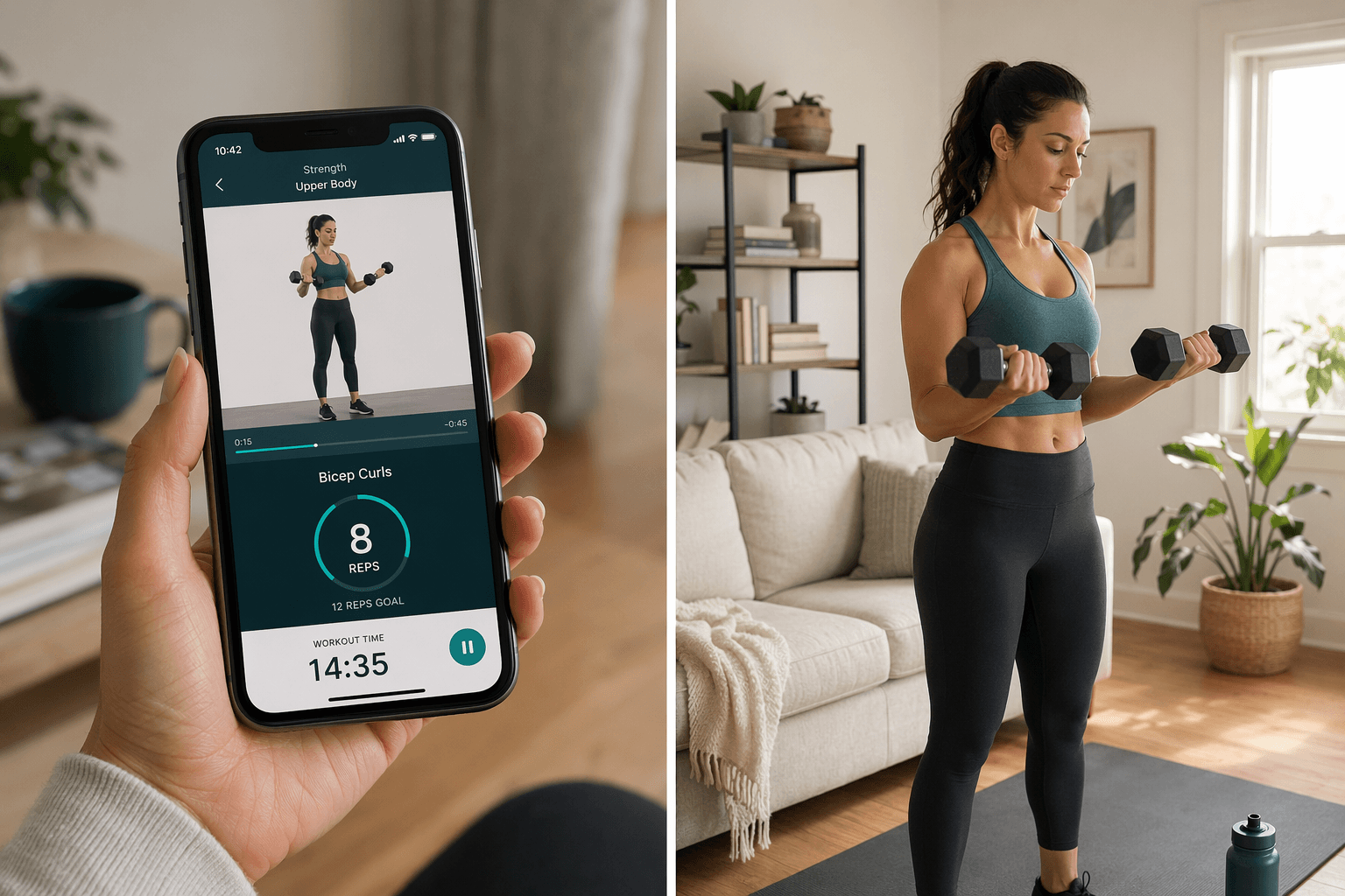 Split-screen composition: a smartphone displaying a fitness app workout interface alongside a woman mid-squat with dumbbells in a bright living room.