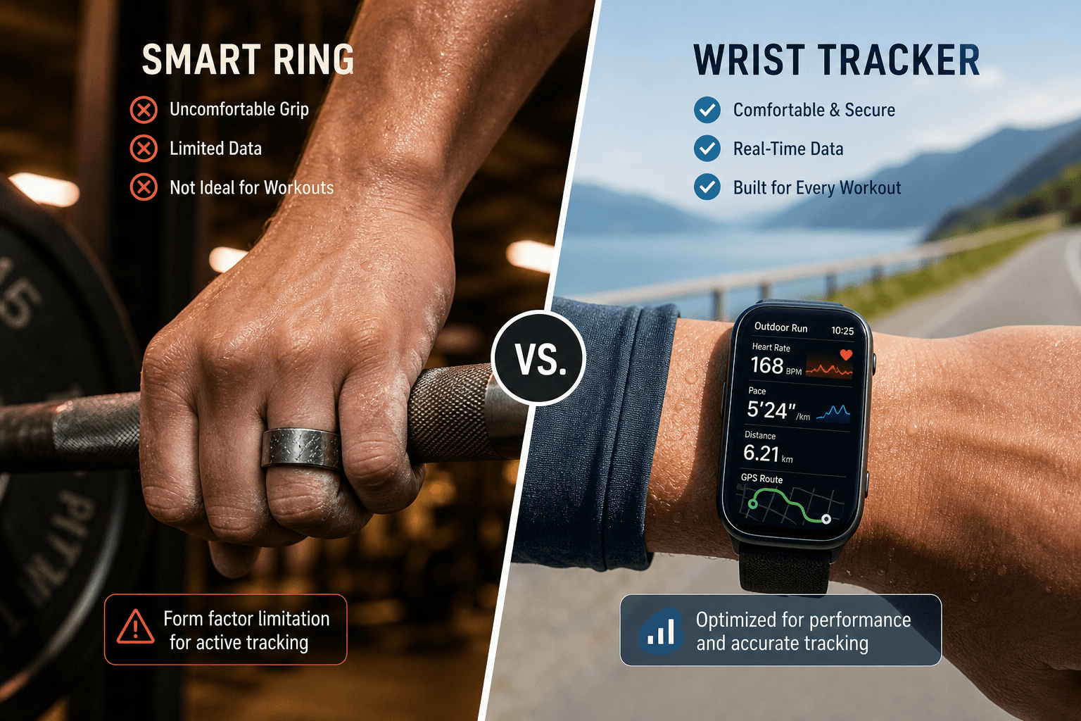Split illustration: on the left, a finger gripping a barbell with the ring scratched; on the right, a wristwatch displaying real-time workout metrics during a run.