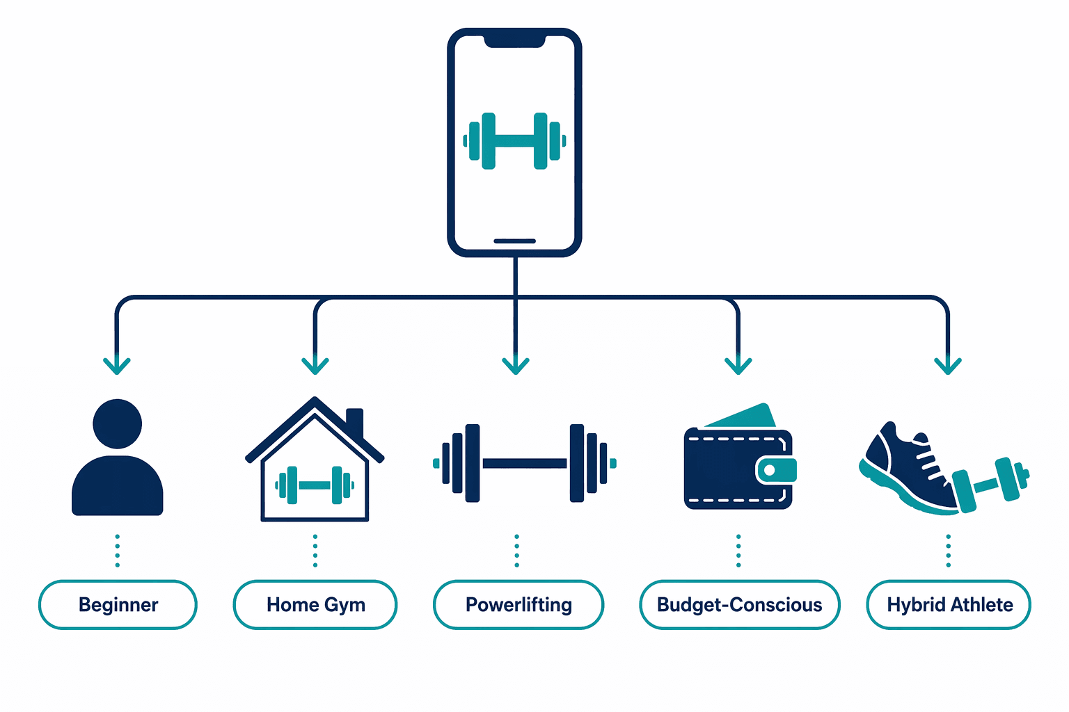 A decision-tree illustration branching into five user types: beginner, home gym, powerlifting, budget-conscious, and hybrid athlete.