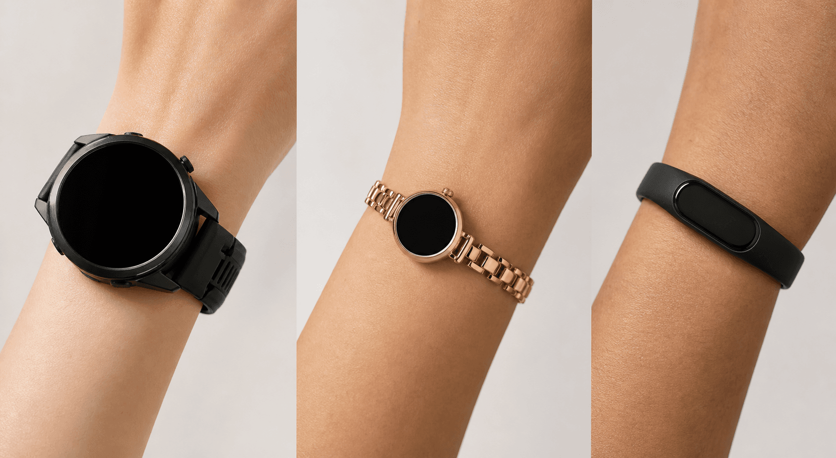 Close-up comparison of three different watch sizes on three different wrist sizes.