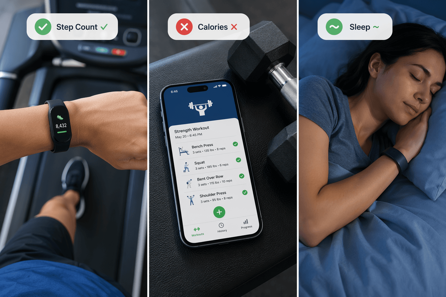 Three-column flat-lay illustration showing a wrist-worn fitness tracker on a treadmill, a smartphone with a workout app next to dumbbells, and a screenless band on a wrist during sleep.
