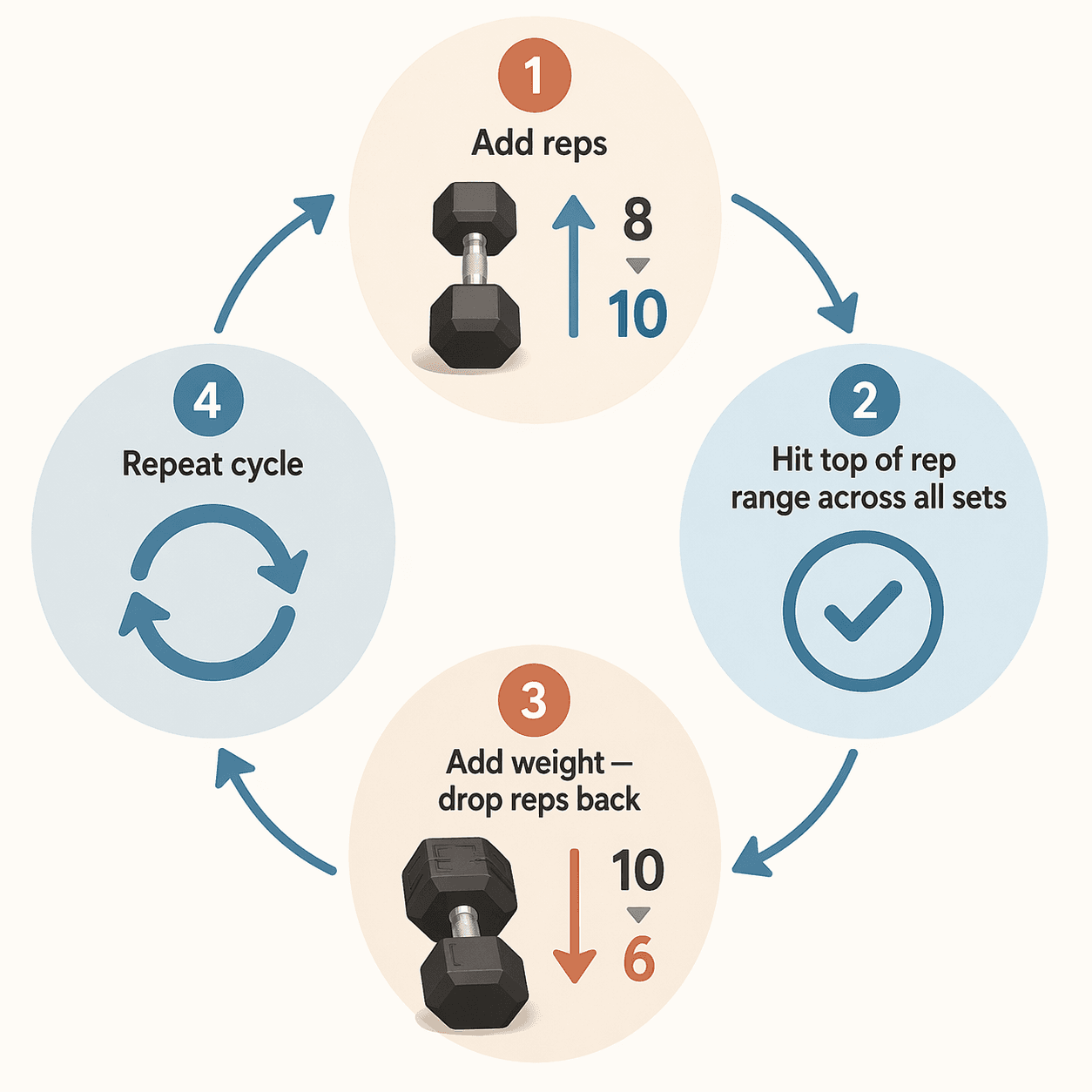A cyclical diagram showing four repeating steps: add reps, hit top of rep range across all sets, add weight and drop reps back, then repeat.