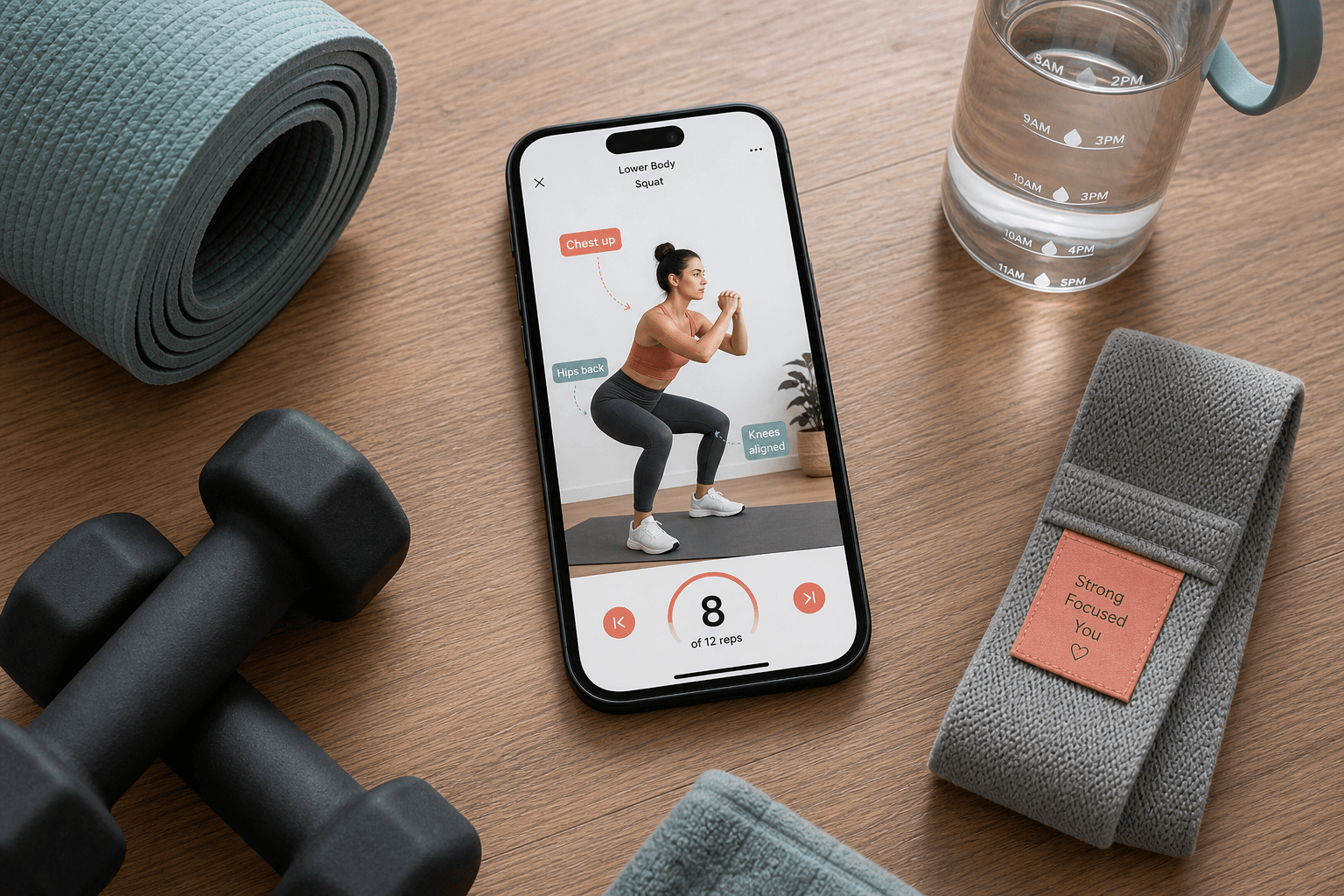 A smartphone displaying a workout app interface with a squat demonstration and rep counter, surrounded by a yoga mat, dumbbells, a resistance band, and a water bottle on a wooden surface.